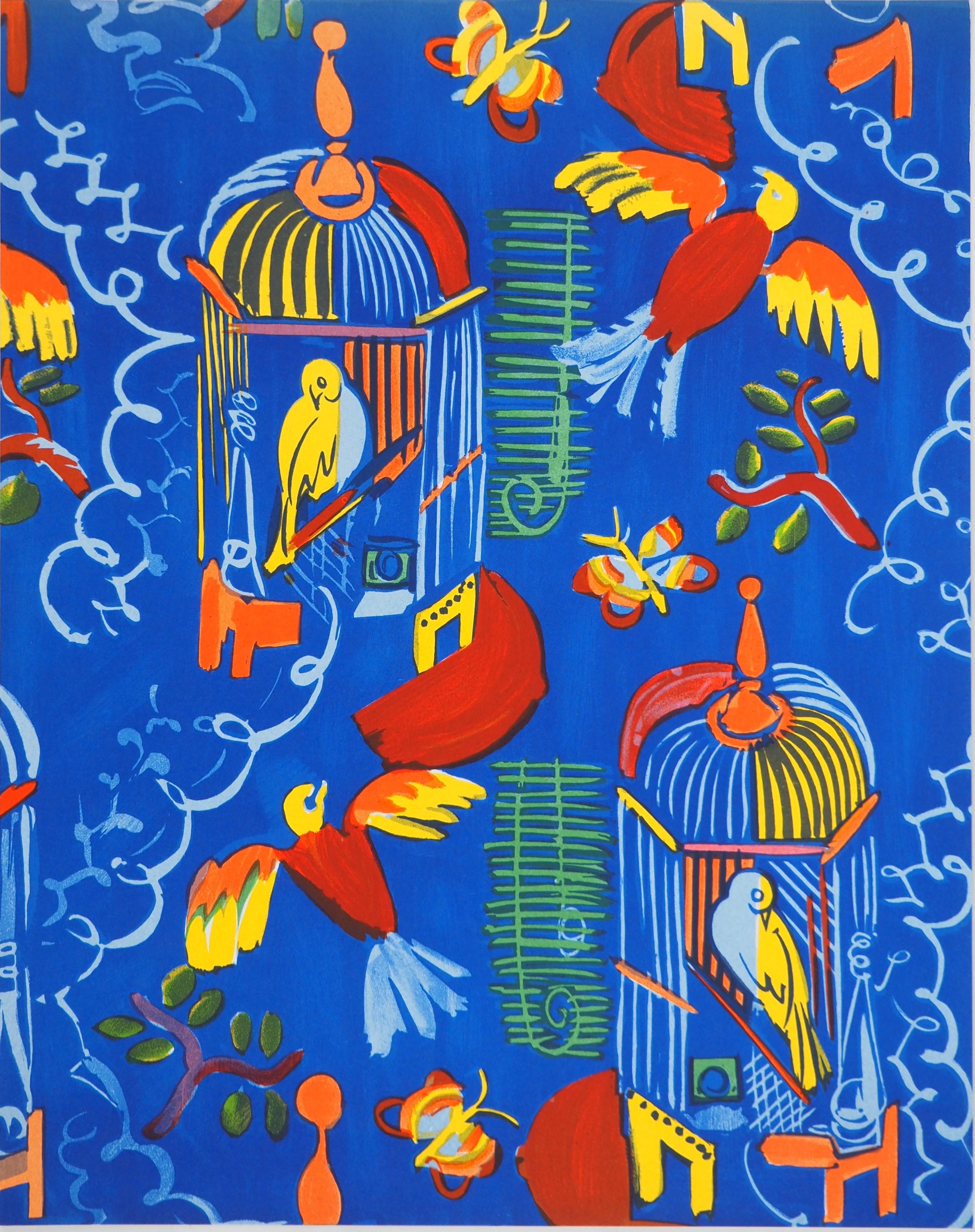Animal Print de Raoul Dufy - Pájaros de colores sobre fondo azul - Litografía original
