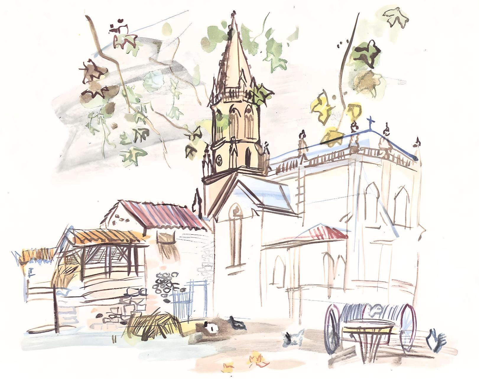 Raoul Dufy Landscape Print - Dufy, L'église de Lestel, Vacances forcées (after)