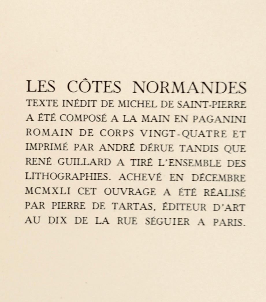 Lithograph on grand vélin d'Arches spécial paper. Unsigned and unnumbered, as issued. Good condition with centerfold, as issued. Notes: From the folio, Les Côtes Normandes 1961. Published by Pierre de Tartas, Éditeur, Paris-Bièvres; printed by