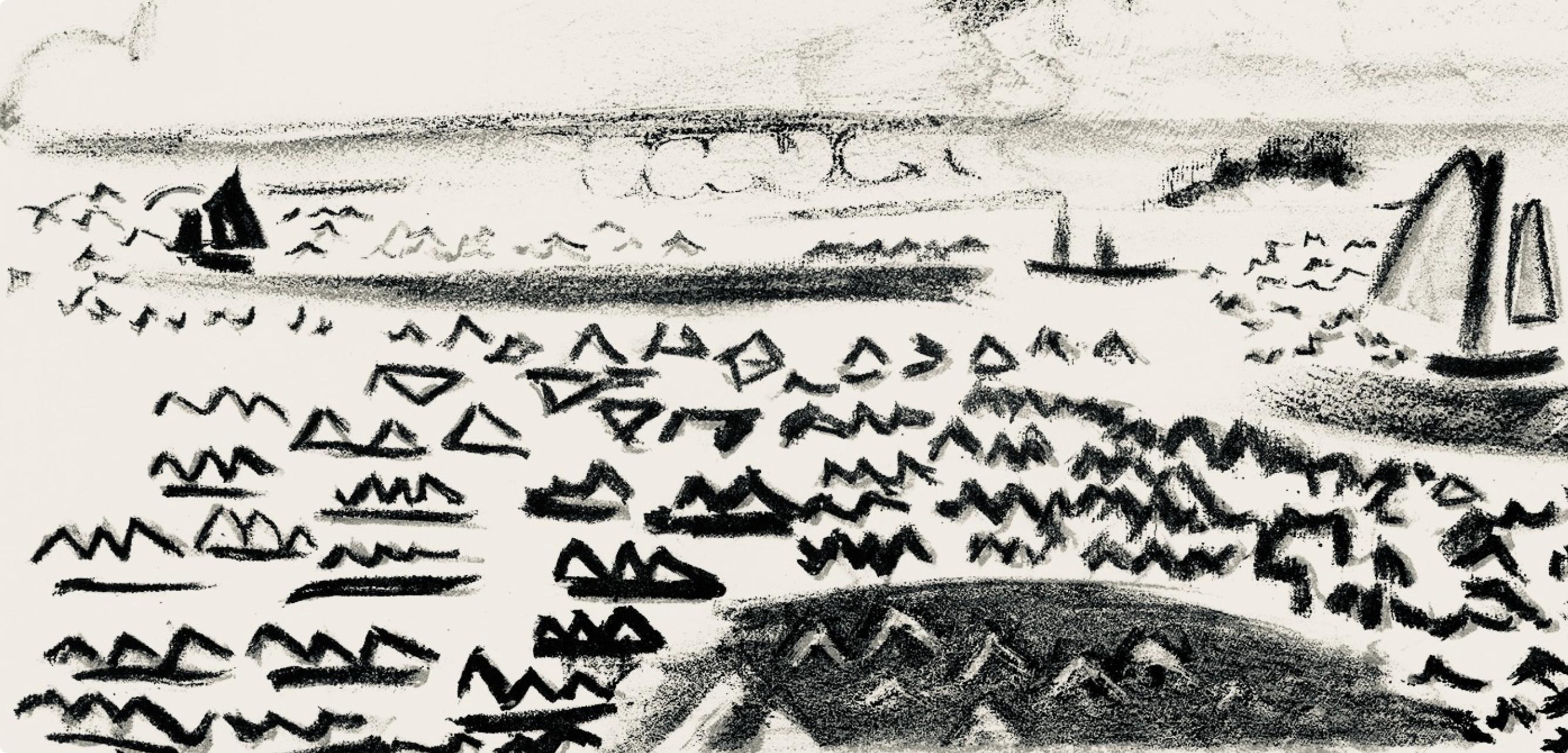 Lithographie sur papier grand vélin d'Arches spécial. Non signé et non numéroté, tel que publié. Bon état avec pli central, tel qu'il a été publié. Notes : Extrait de l'ouvrage Les Côtes Normandes 1961. Publié par Pierre de Tartas, Éditeur,
