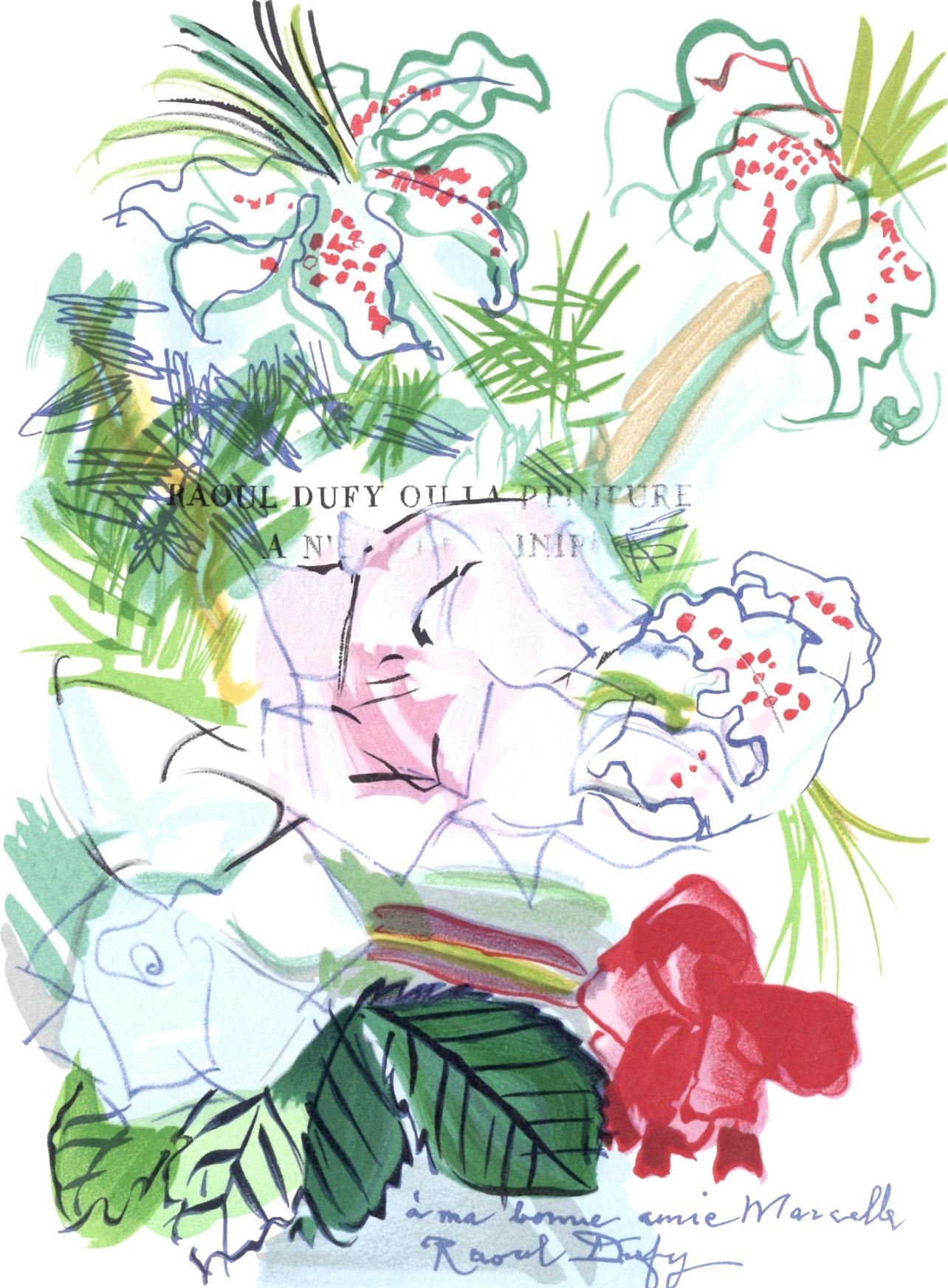 Lithographie sur papier vélin Arjomari. Format du papier : 11.75 x 9.375 pouces. Inscription : Signé dans la plaque et non numéroté, tel que publié. Notes : Extrait de l'in-folio Lettre à mon peintre Raoul Dufy, 1965. Publié par la Librairie