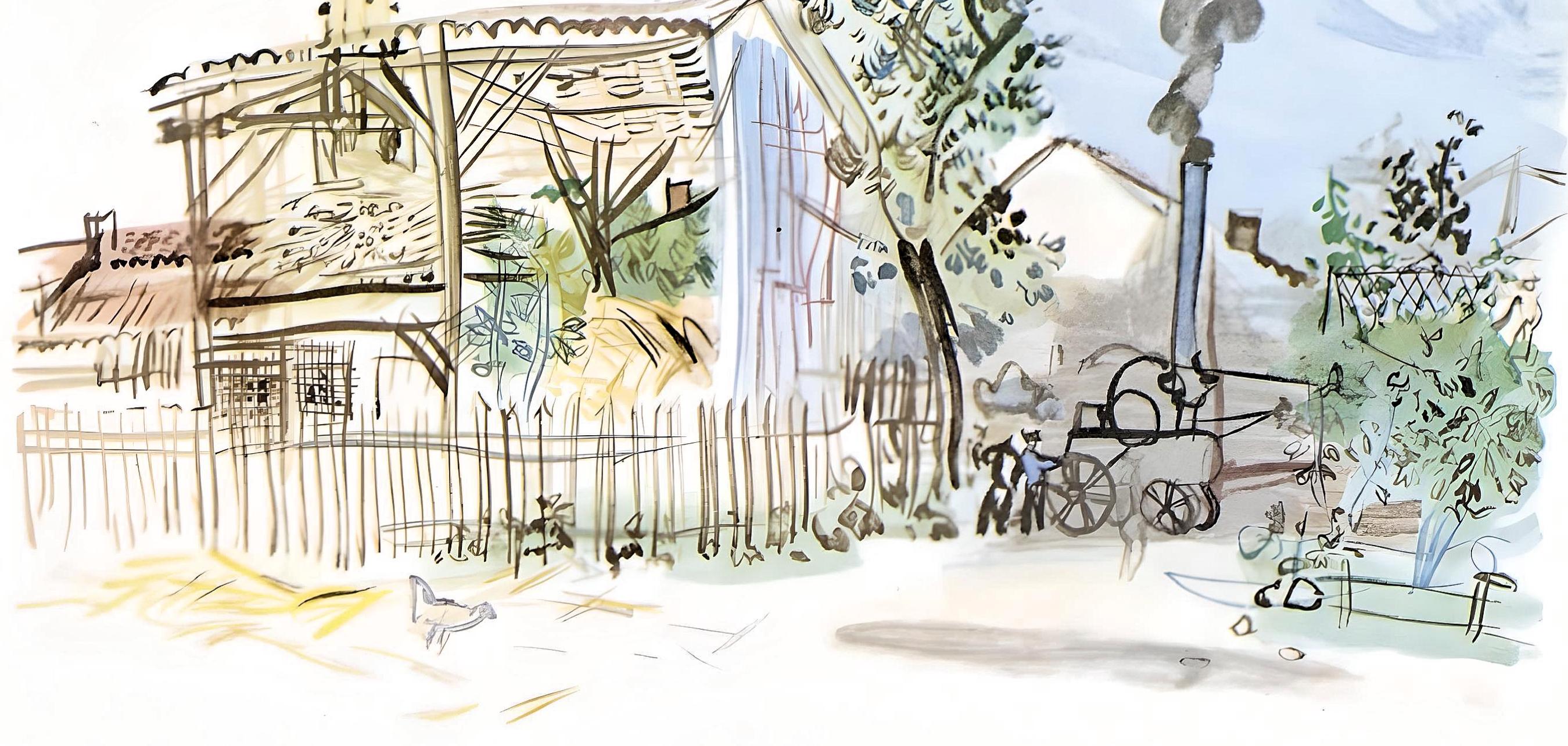 Dufy, La batteuse s'en va, page, Vacances forcées (après) - Gris Figurative Print par Raoul Dufy