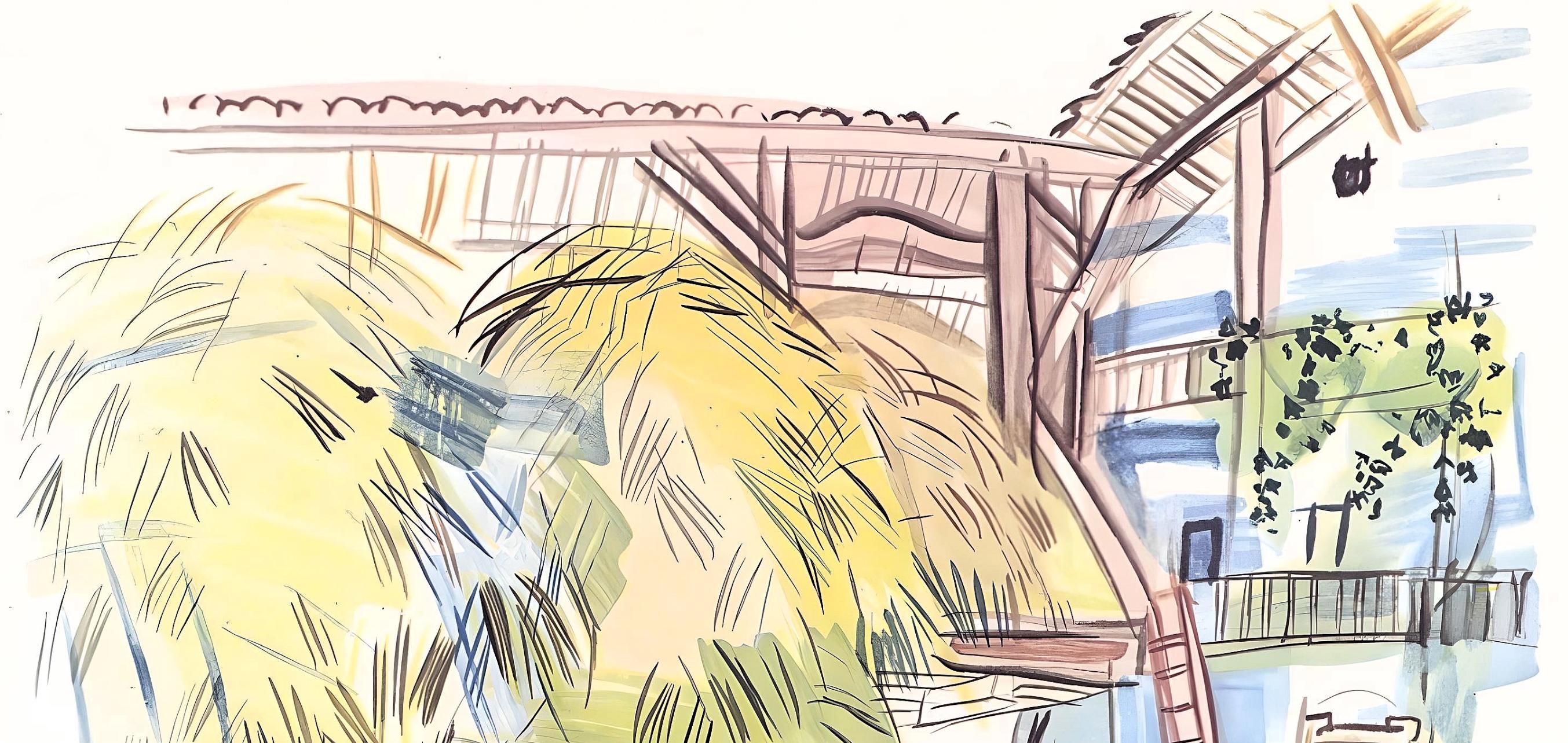 Dufy, La belle grange de Lestel, Vacances forcées (after) - Beige Landscape Print by Raoul Dufy
