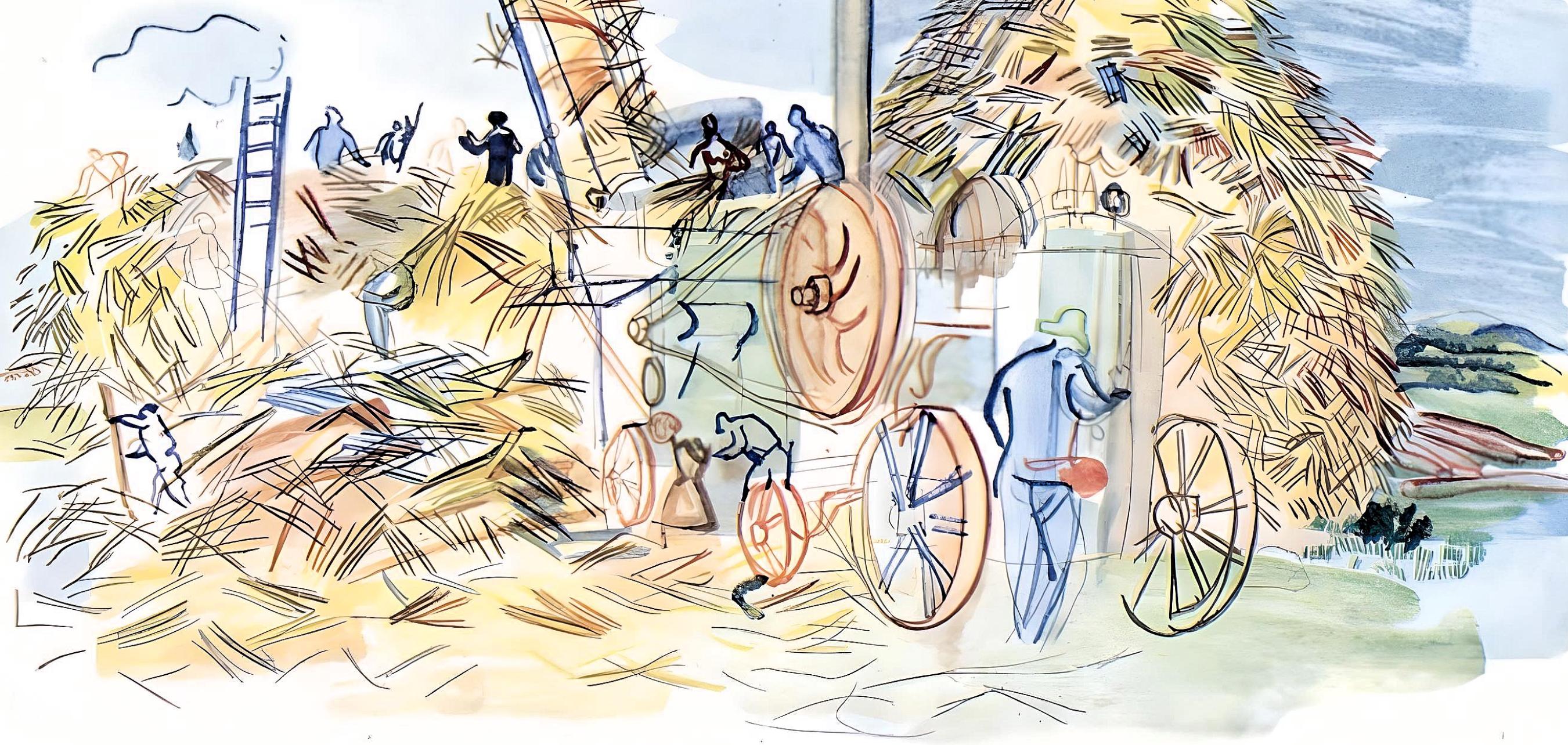 Dufy, Le dépiquage à Montsaunès, Zwangsurlaube (nach) (Grau), Figurative Print, von Raoul Dufy