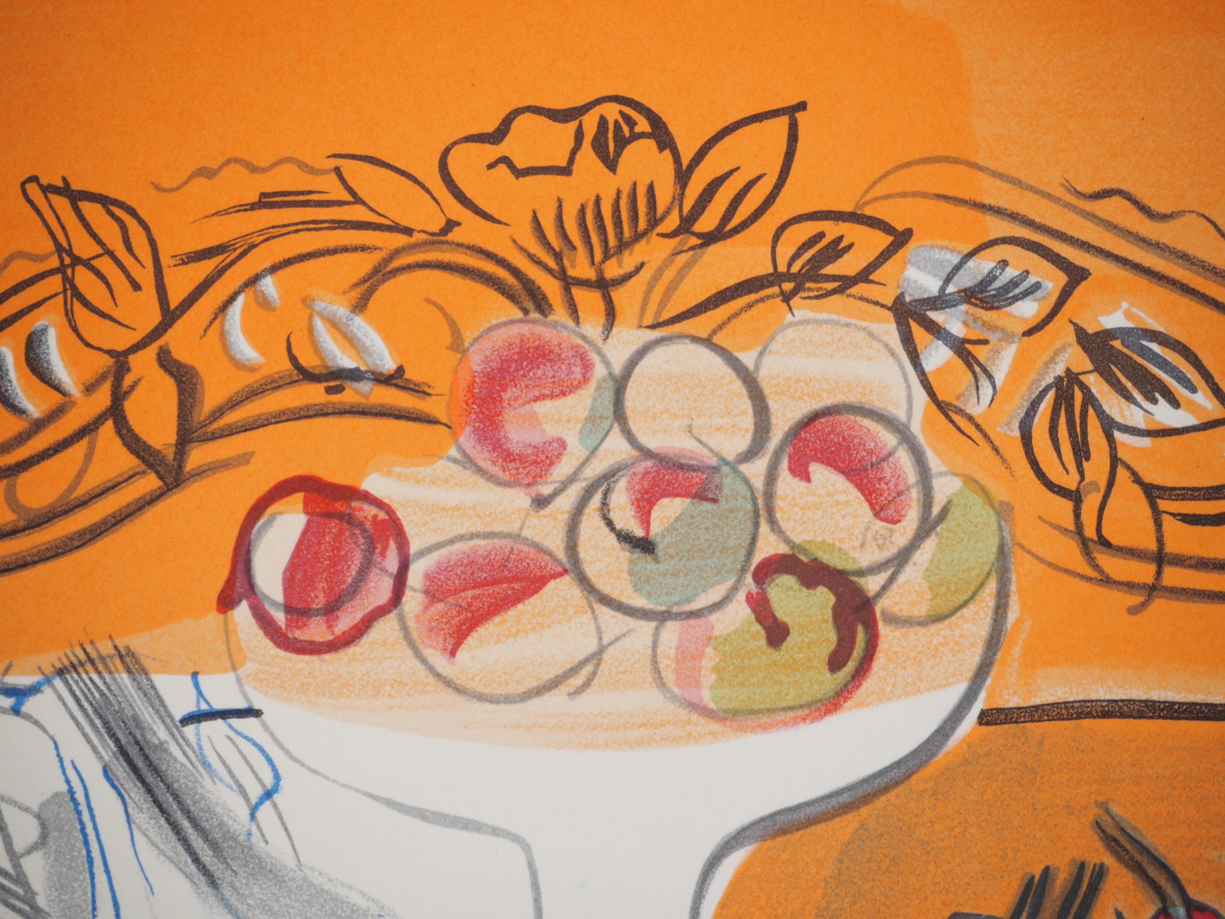 Bodegón fauvista con melocotones y cerezas - Litografía (Mourlot) - Interior Print Beige de Raoul Dufy