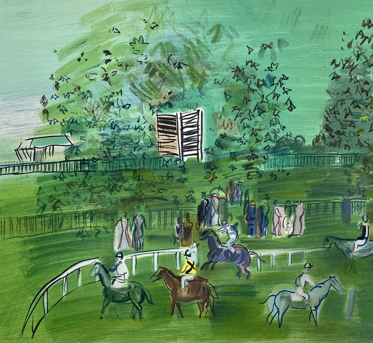 Hippodrome Ascot Racecourse - Tall Lithograph Signed in the Plate (Mourlot) - Gray Figurative Print by Raoul Dufy