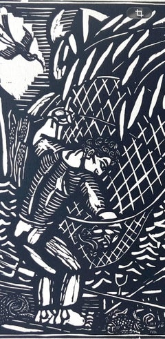 La Peche Lithograph Woodcut Print, Fauvist, Early 20th Century, Signed