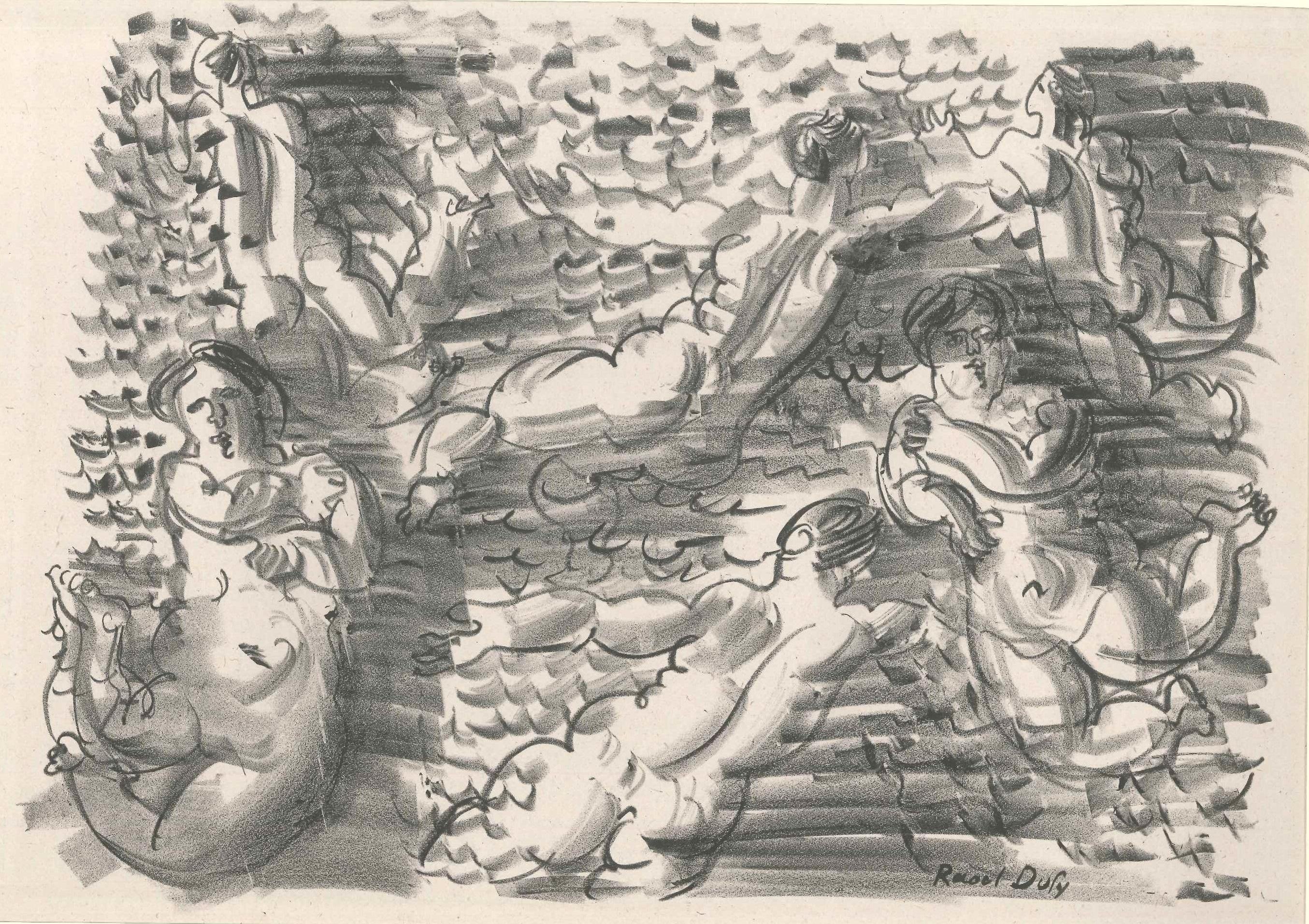 Fine black and white lithograph on China paper. Signed on plate on lower-right margin.

Modern artwork representing the bathers swimming.

Excellent conditions, including a ivory colored cardboard passe-partout (cm 35 x 50).



Dufy Raoul. - (Le