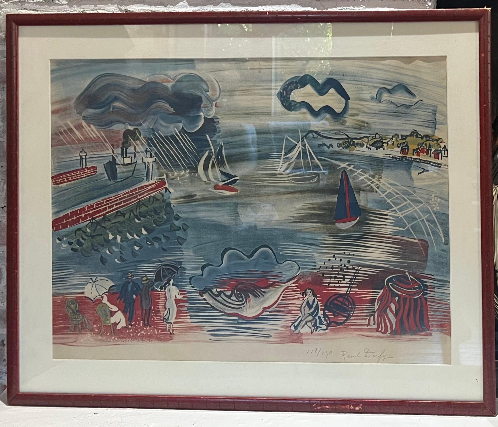 LOWEST $ DIB Post Impressionist “LE HAVRE” Lithograph 1930 Figures and Seascrape - Print by Raoul Dufy