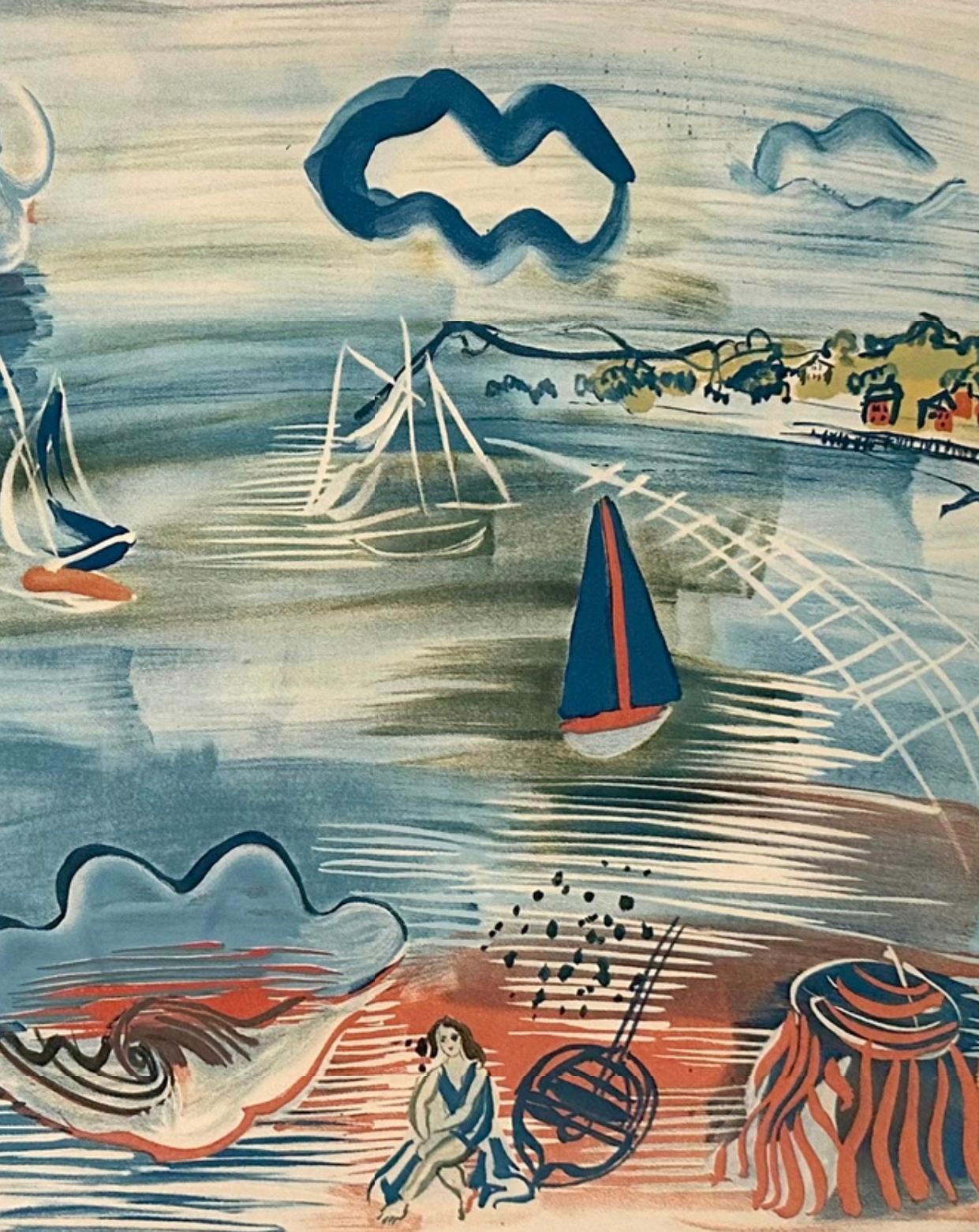 LOWEST $ DIB Post Impressionist “LE HAVRE” Lithograph 1930 Figures and Seascrape For Sale 1