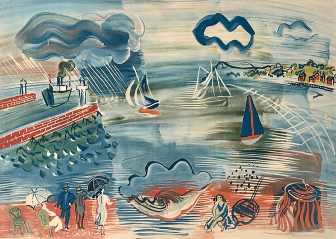 LOWEST $ DIB Post Impressionist “LE HAVRE” Lithograph 1930 Figures and Seascrape For Sale 3