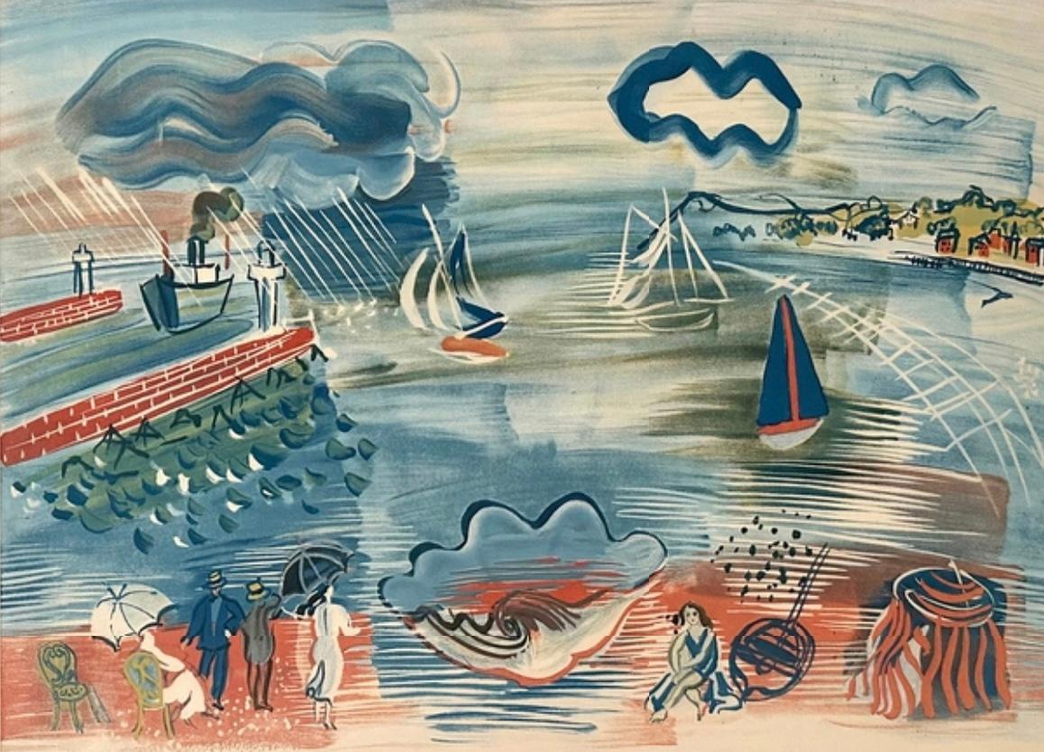 LOWEST $ DIB Post Impressionist “LE HAVRE” Lithograph 1930 Figures and Seascrape For Sale 4