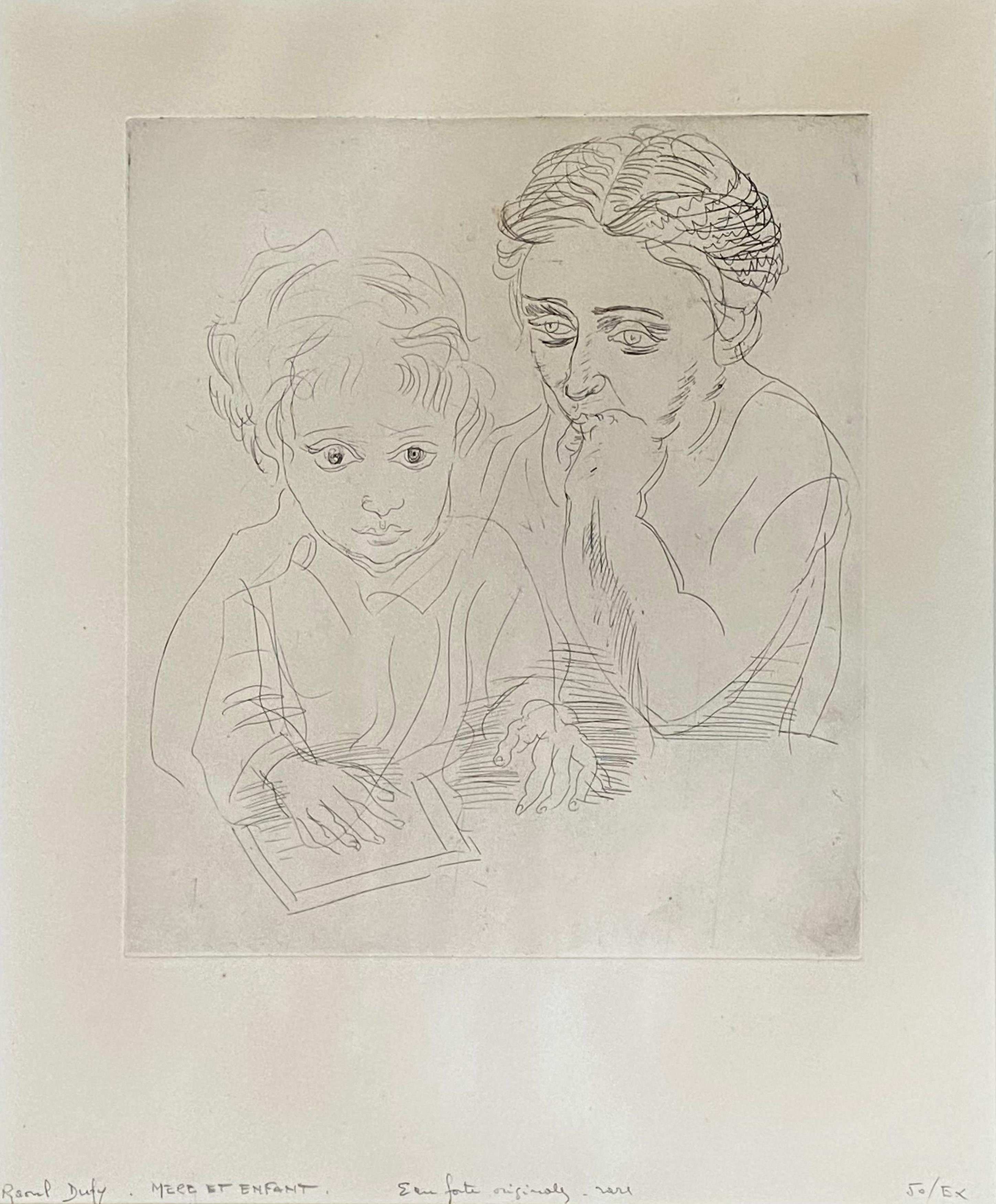 Aguafuerte Madre e hijo realizado según Raoul Dufy. Edición limitada a 50 ejemplares.  Sin fecha.  El estado es excelente.  El tamaño de la imagen es de 12,5 por 11 pulgadas.  Hoja  el tamaño es de 18,25 por 15 pulgadas.  Bien enmarcado.  Las
