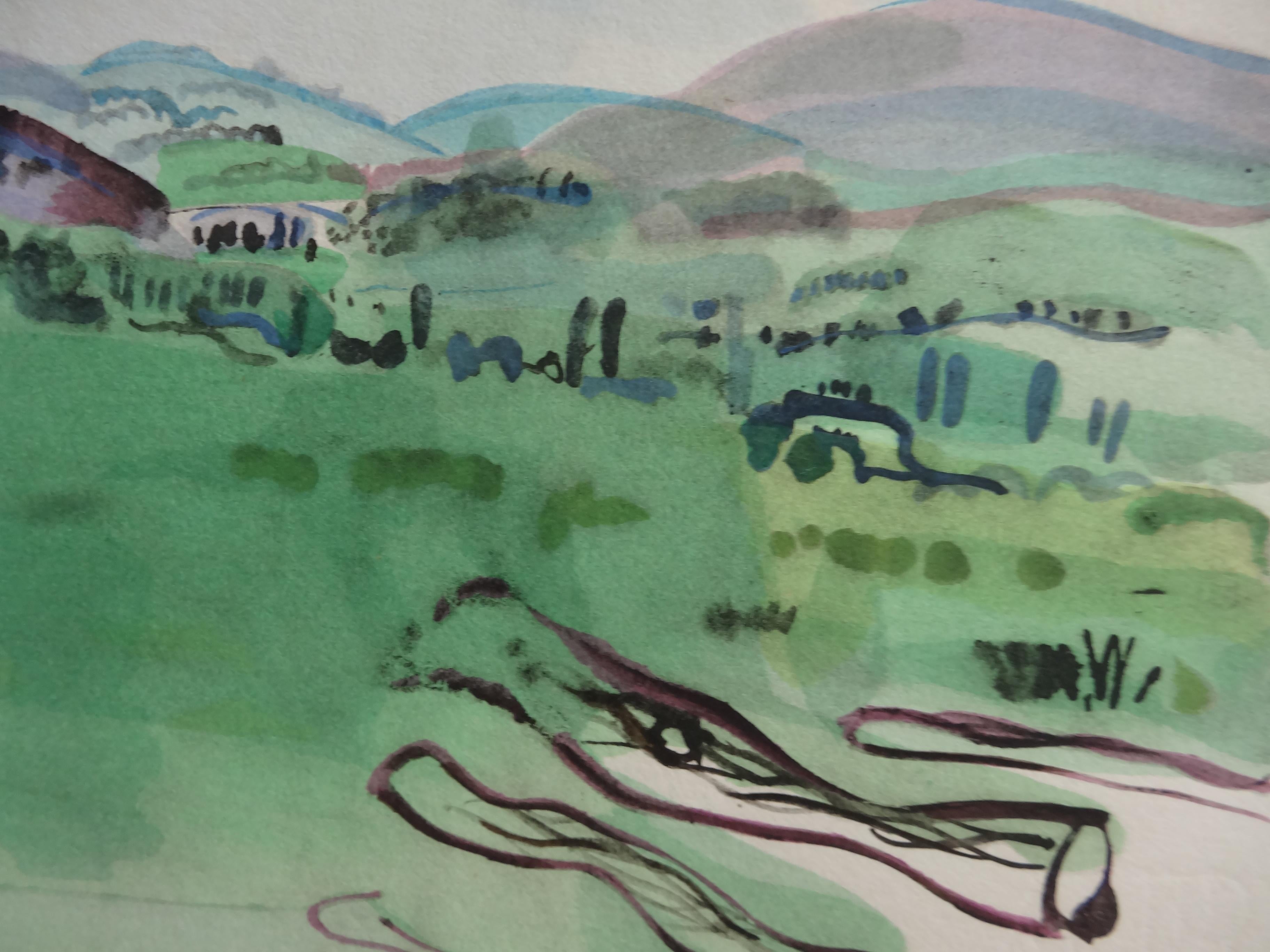 Campo de Normandía - Litografía original - Figurative Print Gris de Raoul Dufy