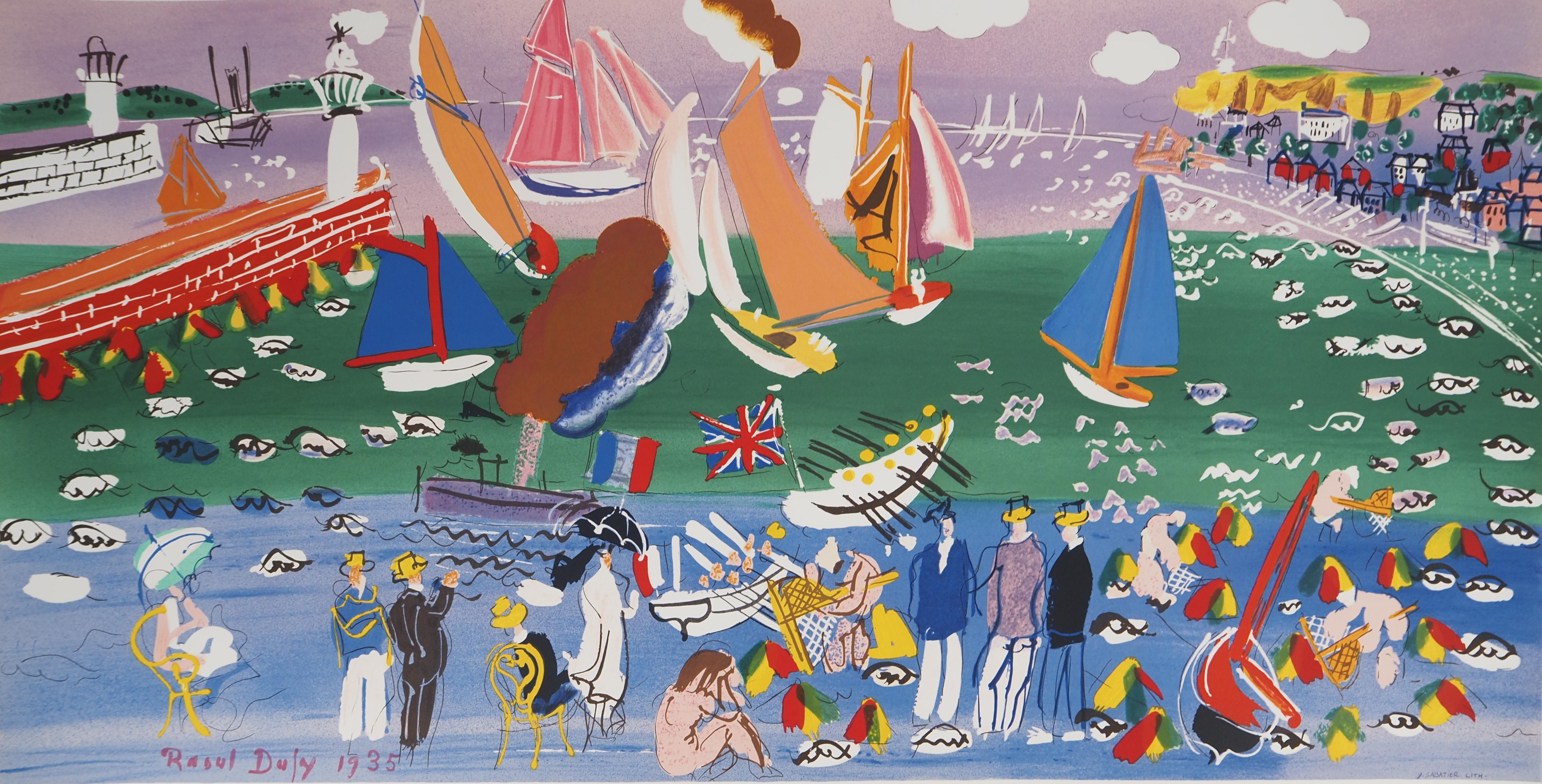 Normandía : Veleros y Playa Animada - Litografía original, numerada /250 - Print de Raoul Dufy