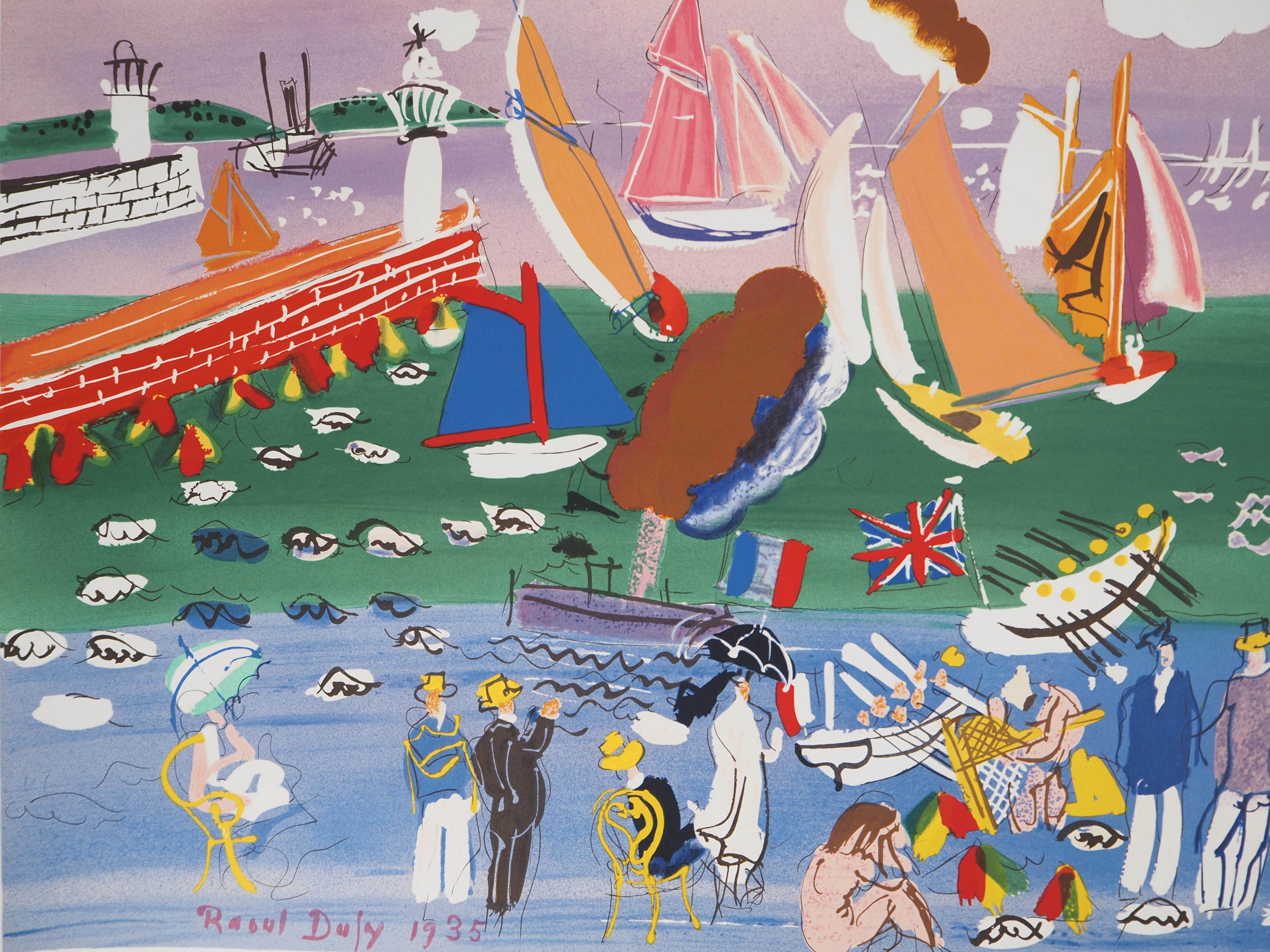 Normandía : Veleros y Playa Animada - Litografía original, numerada /250 - Print Moderno de Raoul Dufy