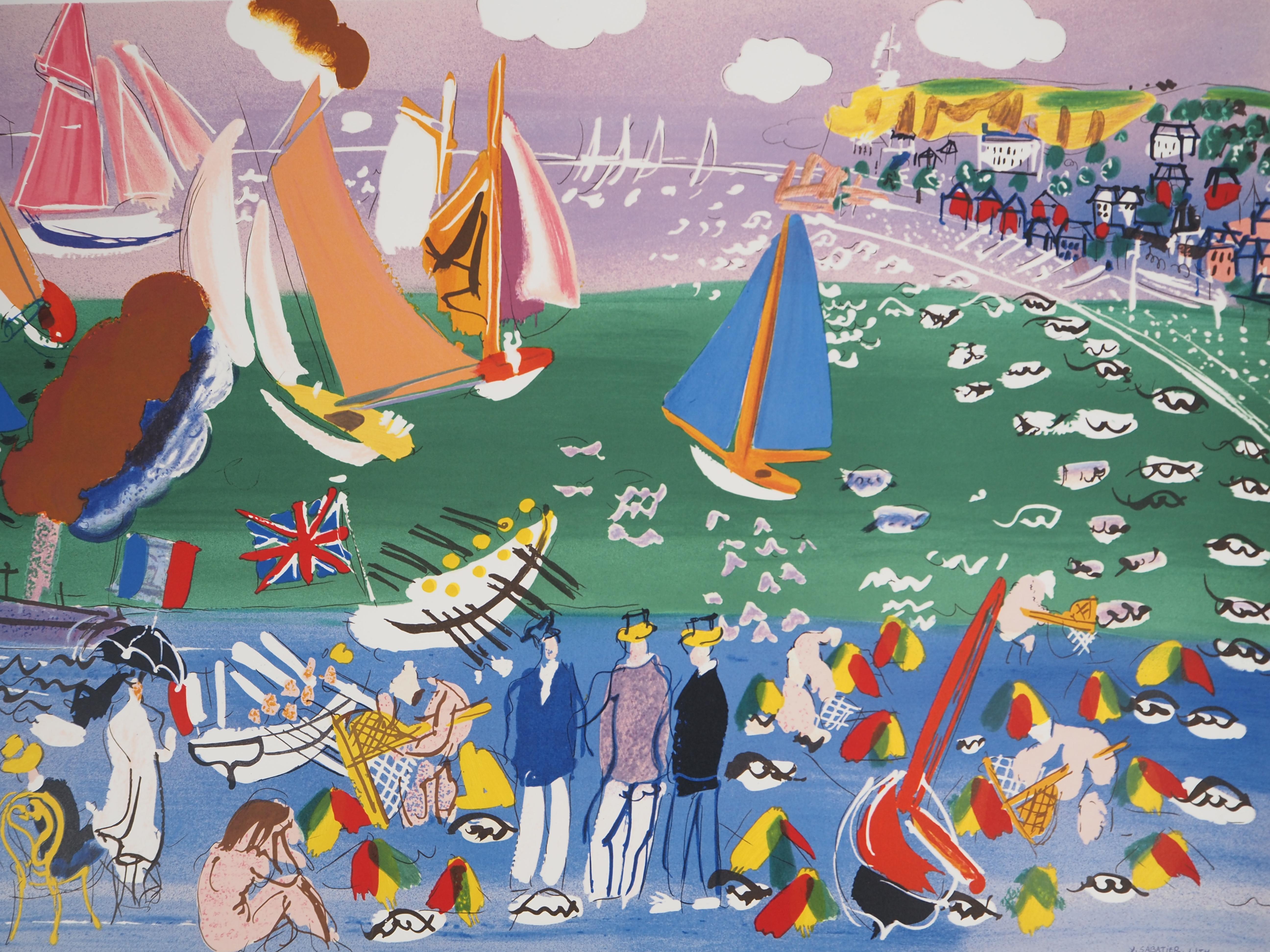 Raoul DUFY
Normandía : Veleros y Playa Animada

Litografía Stone en colores (Idem / Taller Mourlot)
Firma impresa en la placa
Numerado / 250
Sobre vitela Rives 47 x 88 cm (c. 19 x 35 pulg.)
Autentificado con el sello ciego del editor

Excelente
