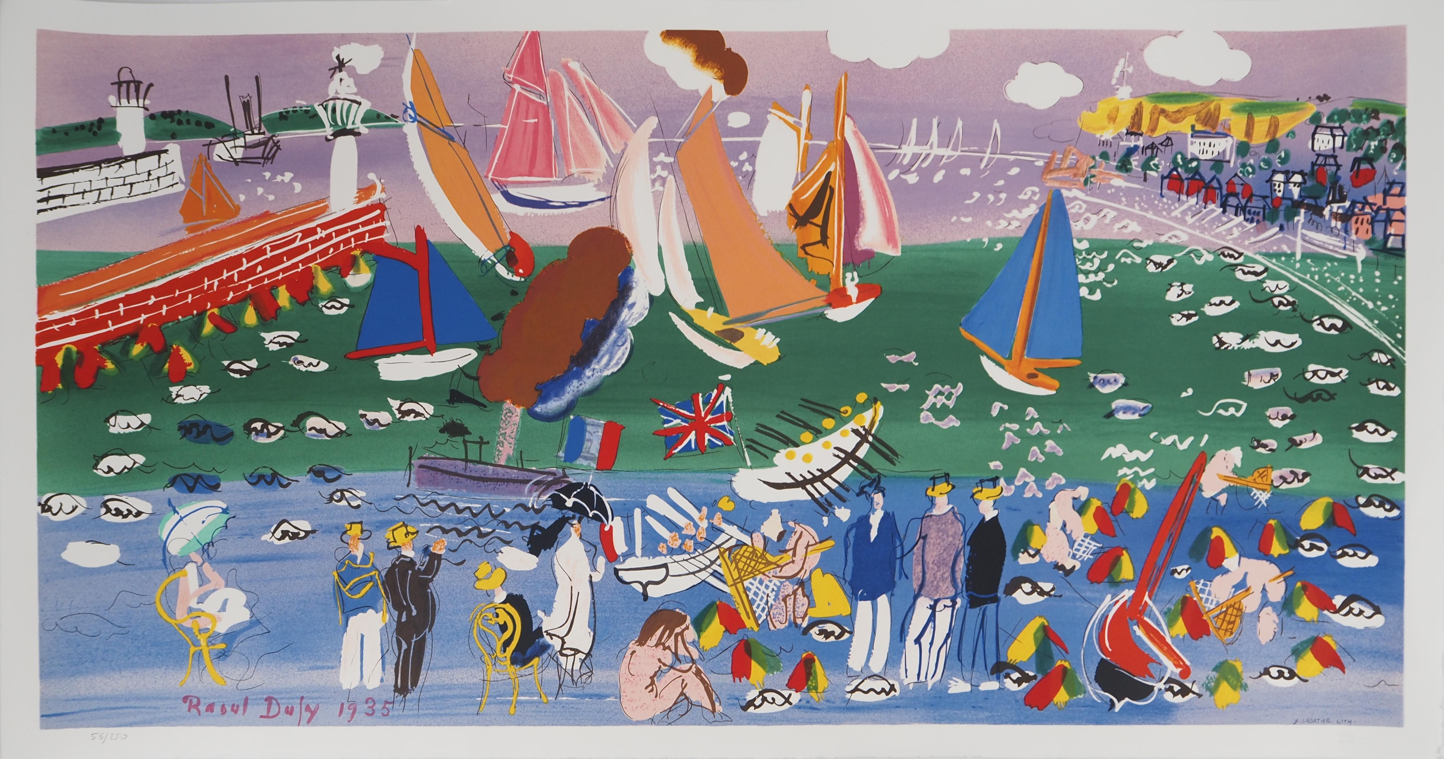Landscape Print de Raoul Dufy - Normandía : Veleros y Playa Animada - Litografía original, numerada /250