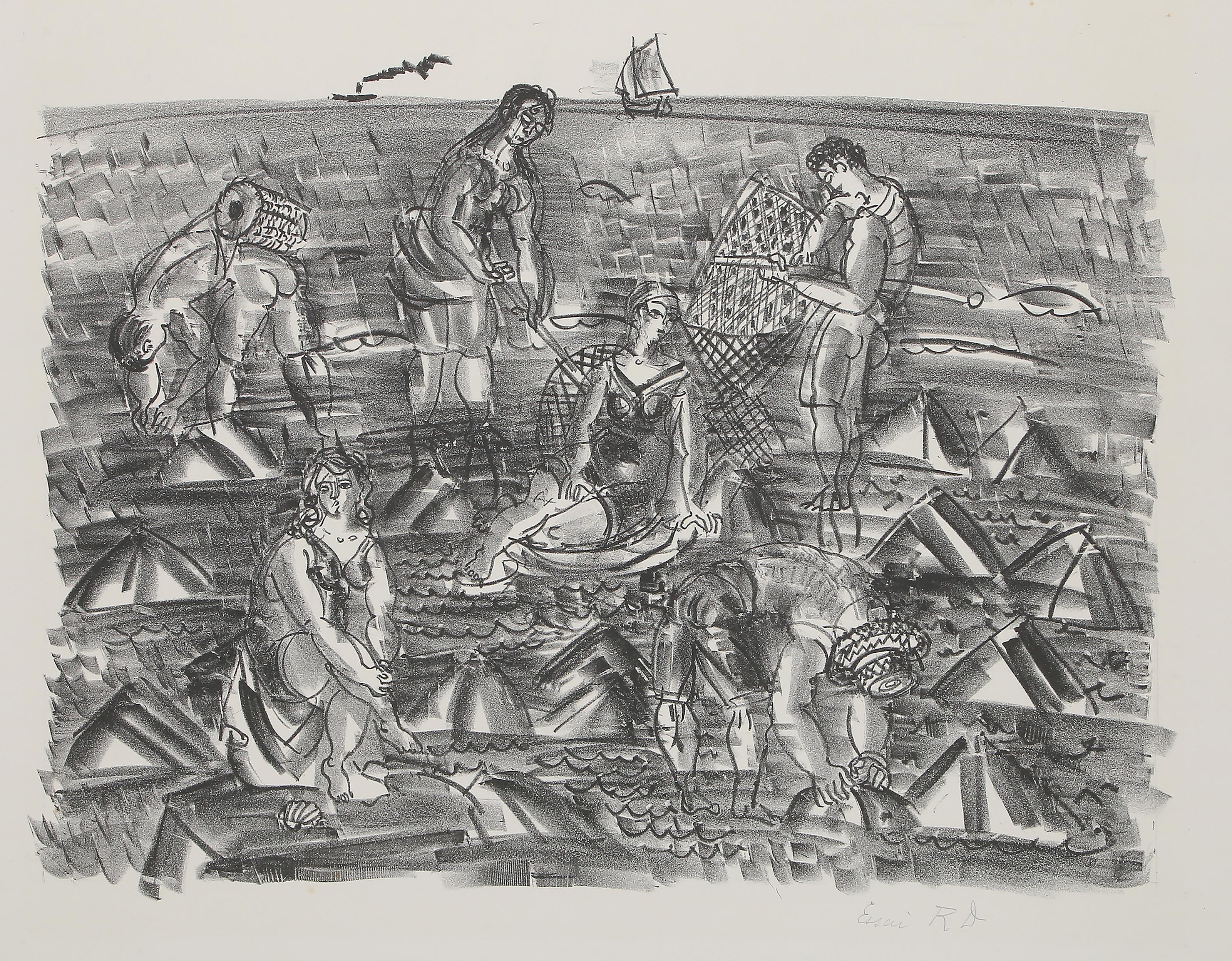 Raoul Dufy, francés (1877 - 1953) - Pecheurs de crevettes, Cartera:  Álbum La Mer, Año:  1925, Medio:  Litografía sobre BFK Rives, firmada a lápiz, Tamaño de la imagen:  13,25 x 17,25 pulgadas, Tamaño:  48,26 x 64,14 cm, Descripción:  De la