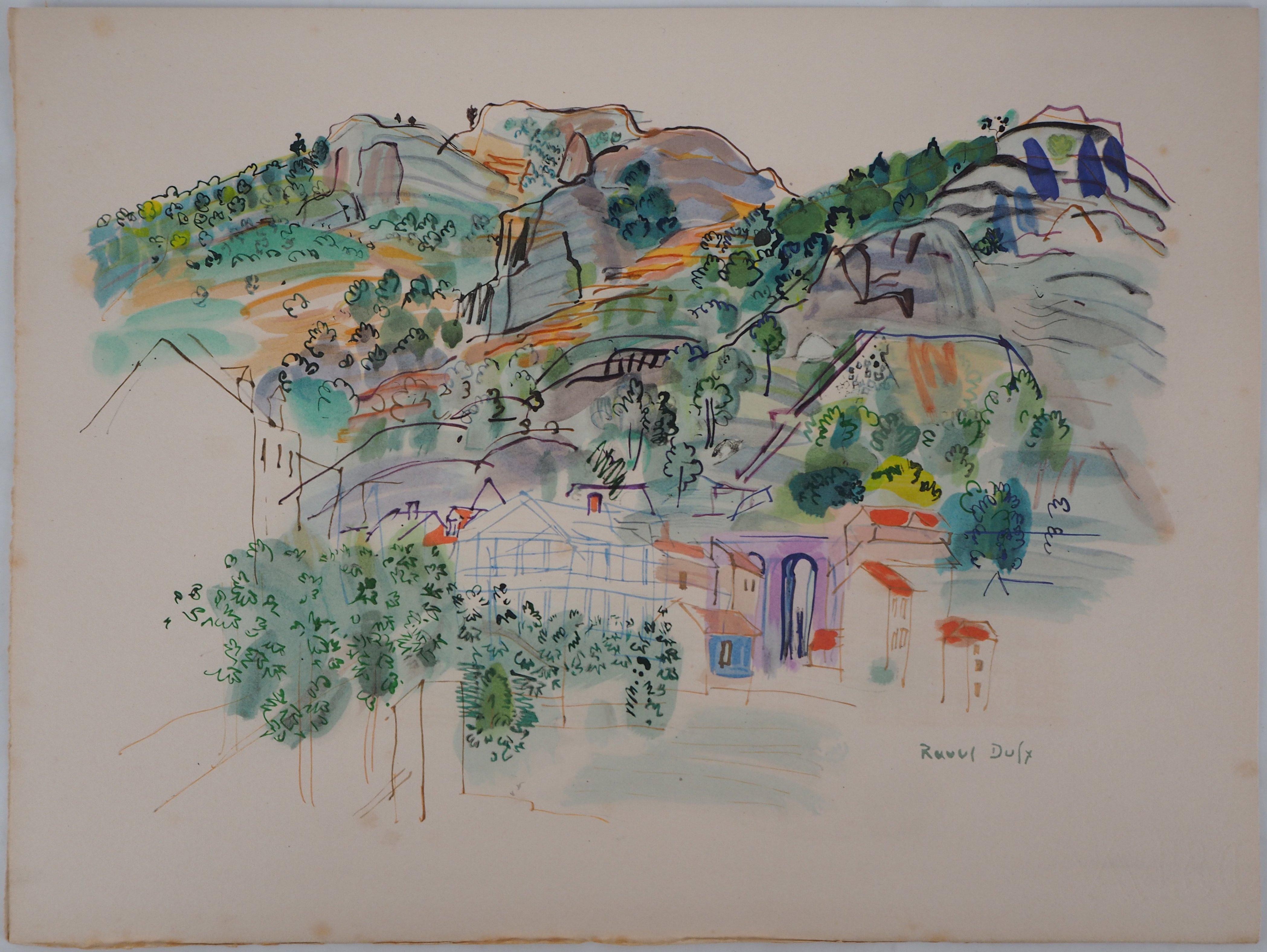 Provenza : Villaggio in montagna - Litografia originale - Print di Raoul Dufy