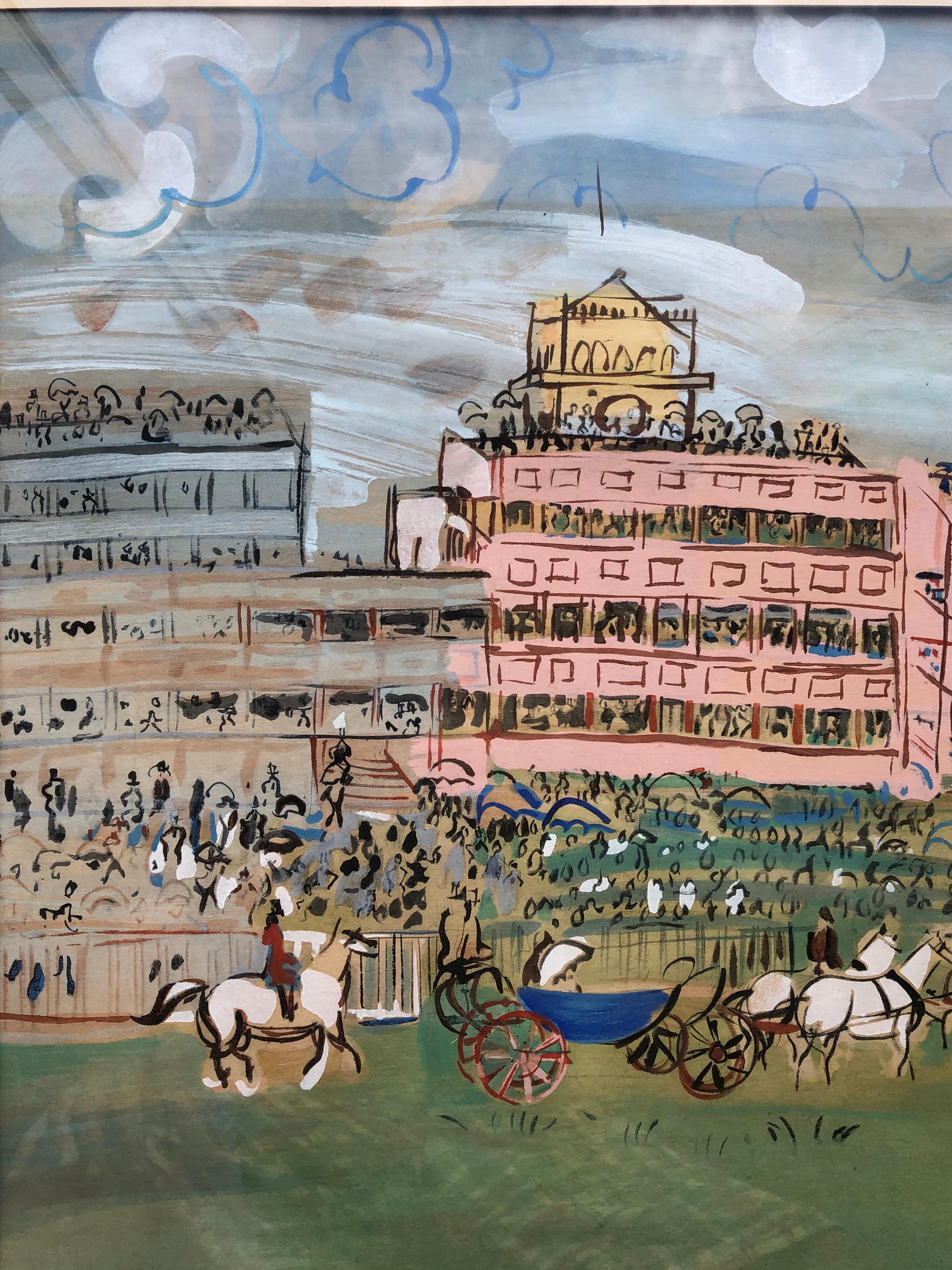 Raoul Dufy: 1877-1953. Very important early 20th century French modern Fauvist painter. This colorful gem is titled Ascot and dated 1935 and signed, all 3 in the stone. It is matted and the site size is 23 inches wide by 18 7/8 high. The frame