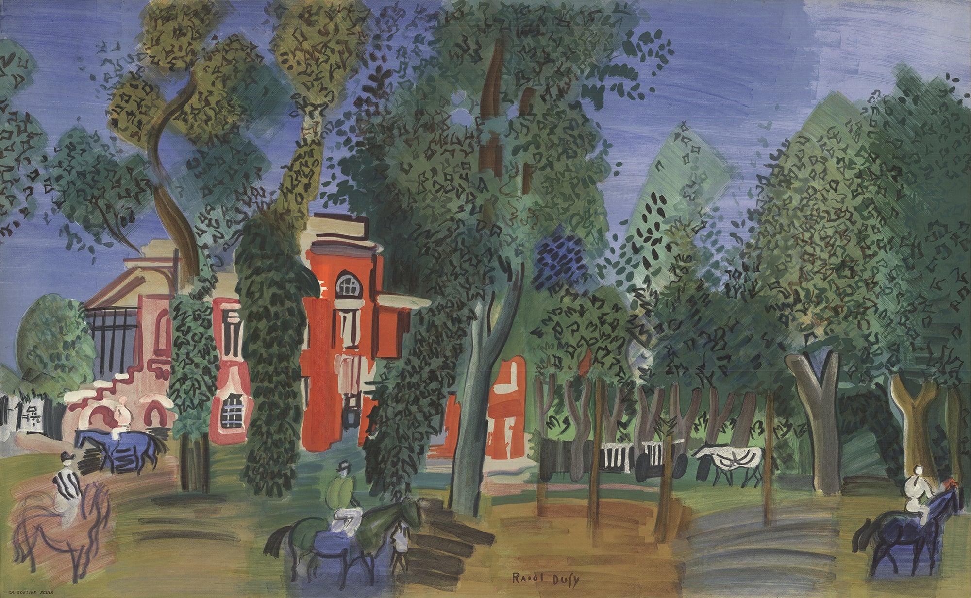 Esta litografía original titulada Paddock at Deauville, del célebre artista francés Raoul Dufy, capta el animado ambiente de la famosa escena de las carreras de caballos de Deauville. Dufy, que inicialmente se inspiró en el fauvismo tras conocer