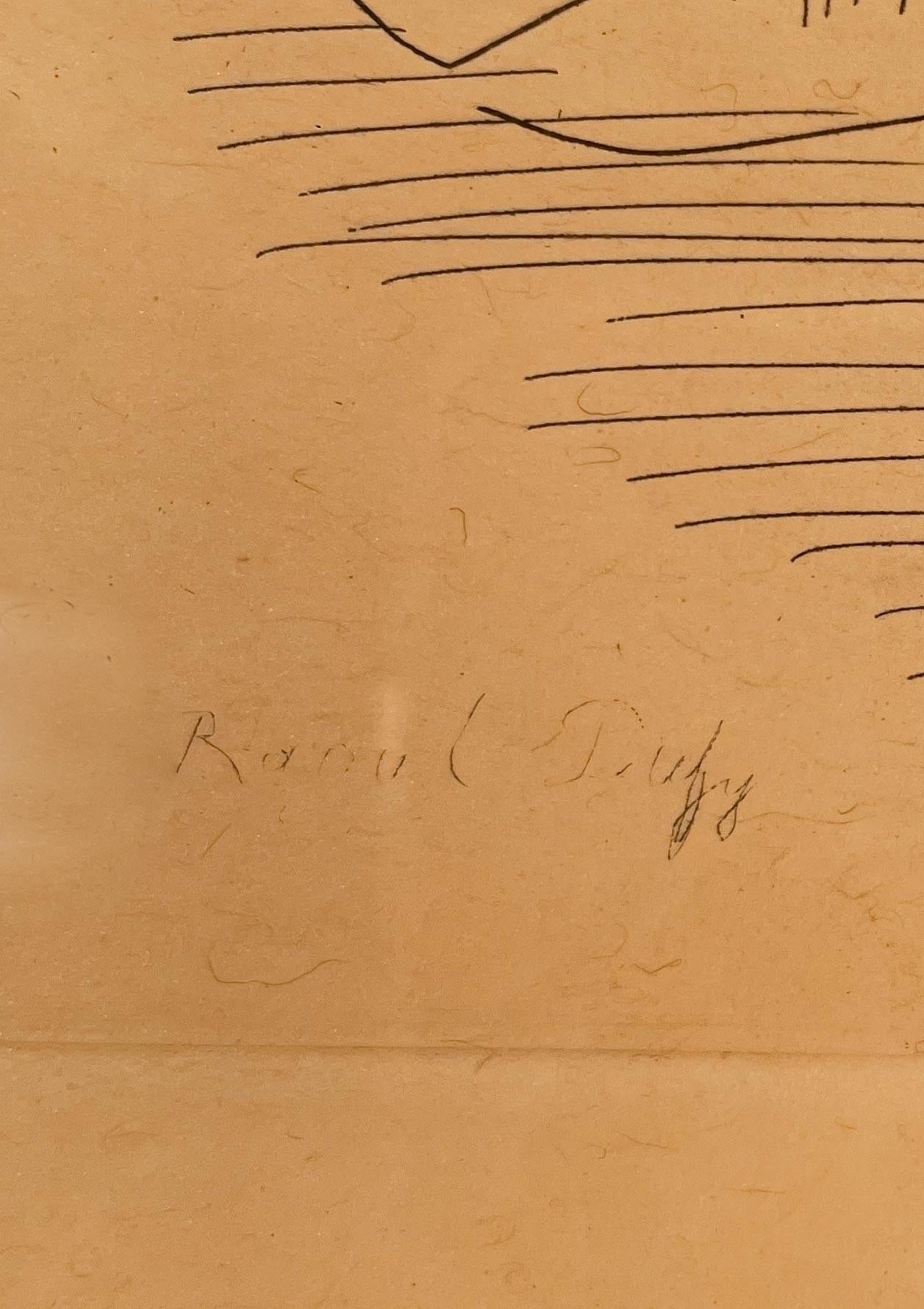 Liegende Frau von Raoul Dufy (1877-1953)
Radierung auf Papier
5 ½ x 7 ½ Zoll ungerahmt (13,716 x 19,05 cm)
13 ⅝ x 15 Zoll gerahmt (34,6202 x 38,1 cm)
Signiert unten links
Ausgabe von 19/200

Beschreibung:
Raoul Dufy porträtiert auf diesem Bild eine