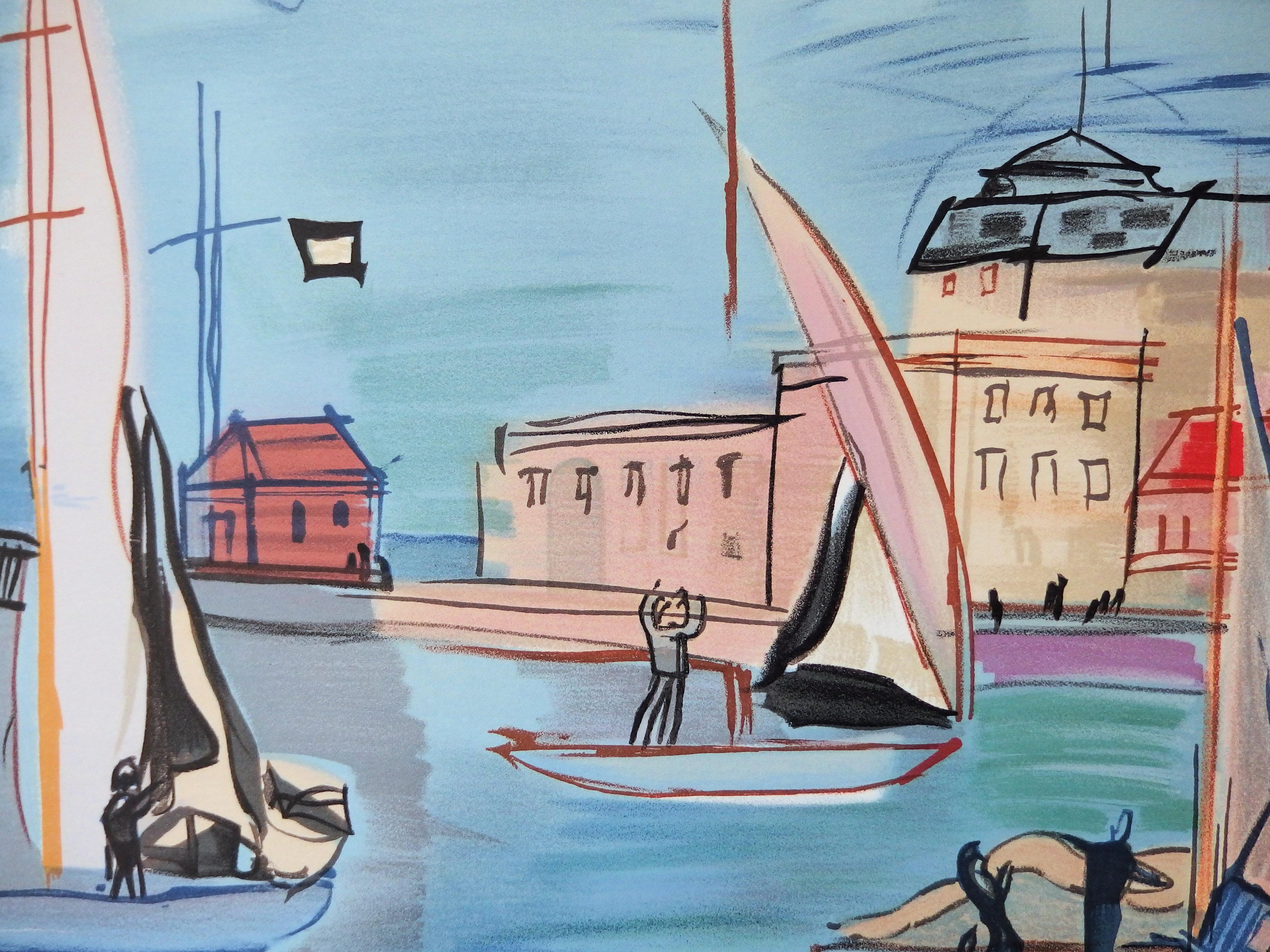 Barche a vela - Litografia (Mourlot) - Landscape Print Grigio di Raoul Dufy