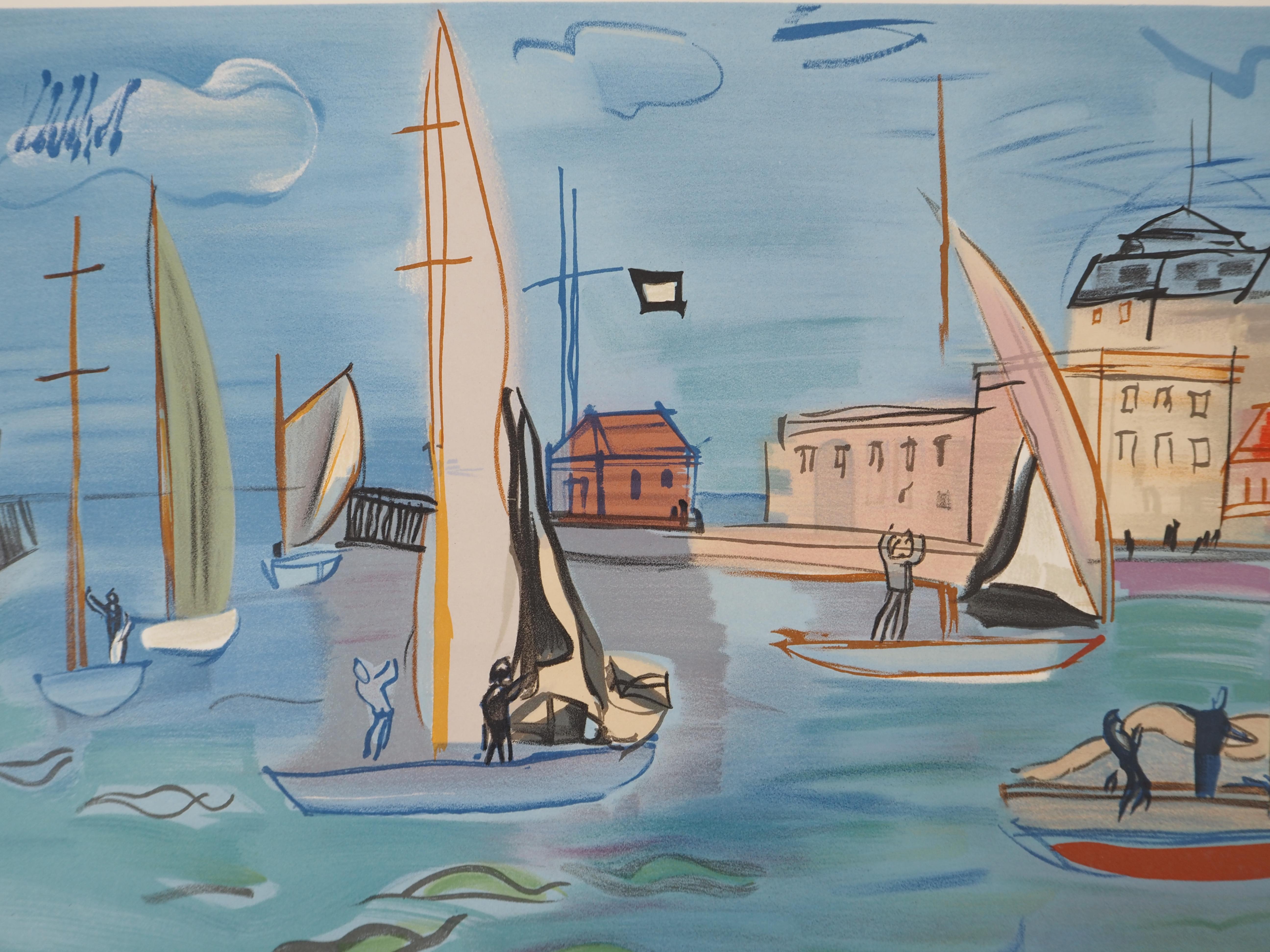Barche a vela - Litografia - Firma stampata (Mourlot) - Landscape Print Grigio di Raoul Dufy