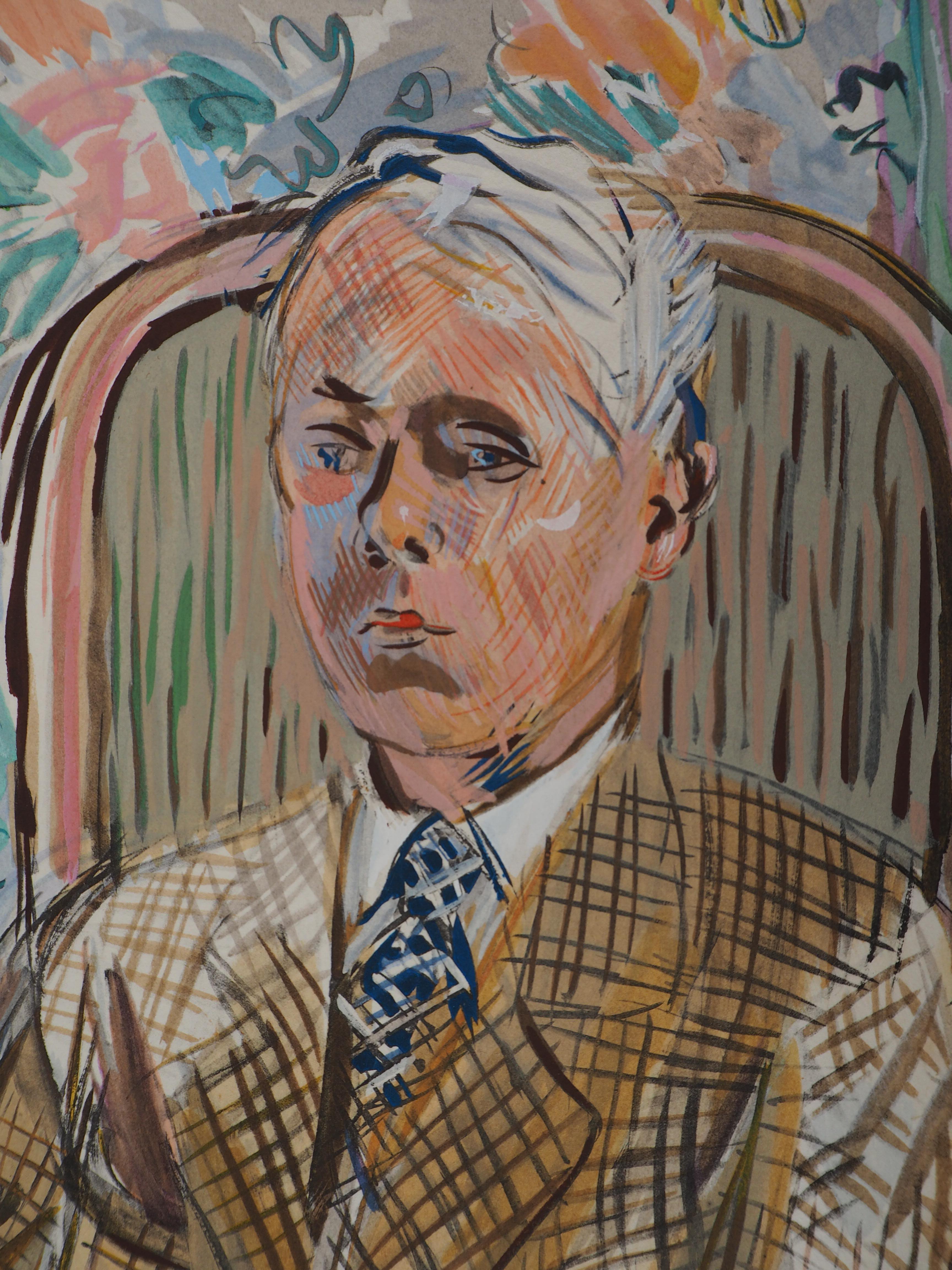 Autorretrato (El artista en un sillón) - Litografía original - Portrait Print Gris de Raoul Dufy