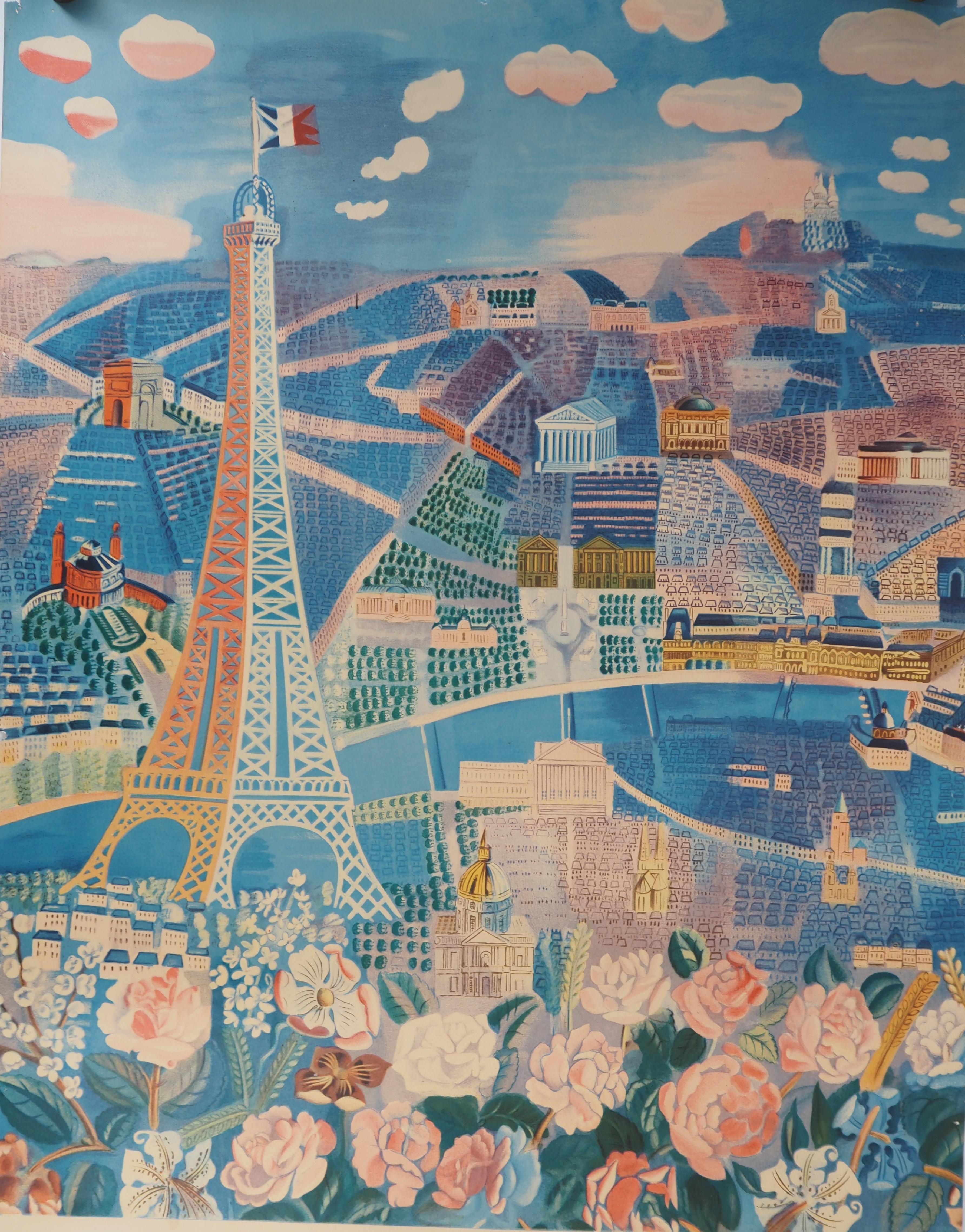 Spring in France : Paris, Rose and Eiffel Tower - Photolithograph Poster - Print by Raoul Dufy