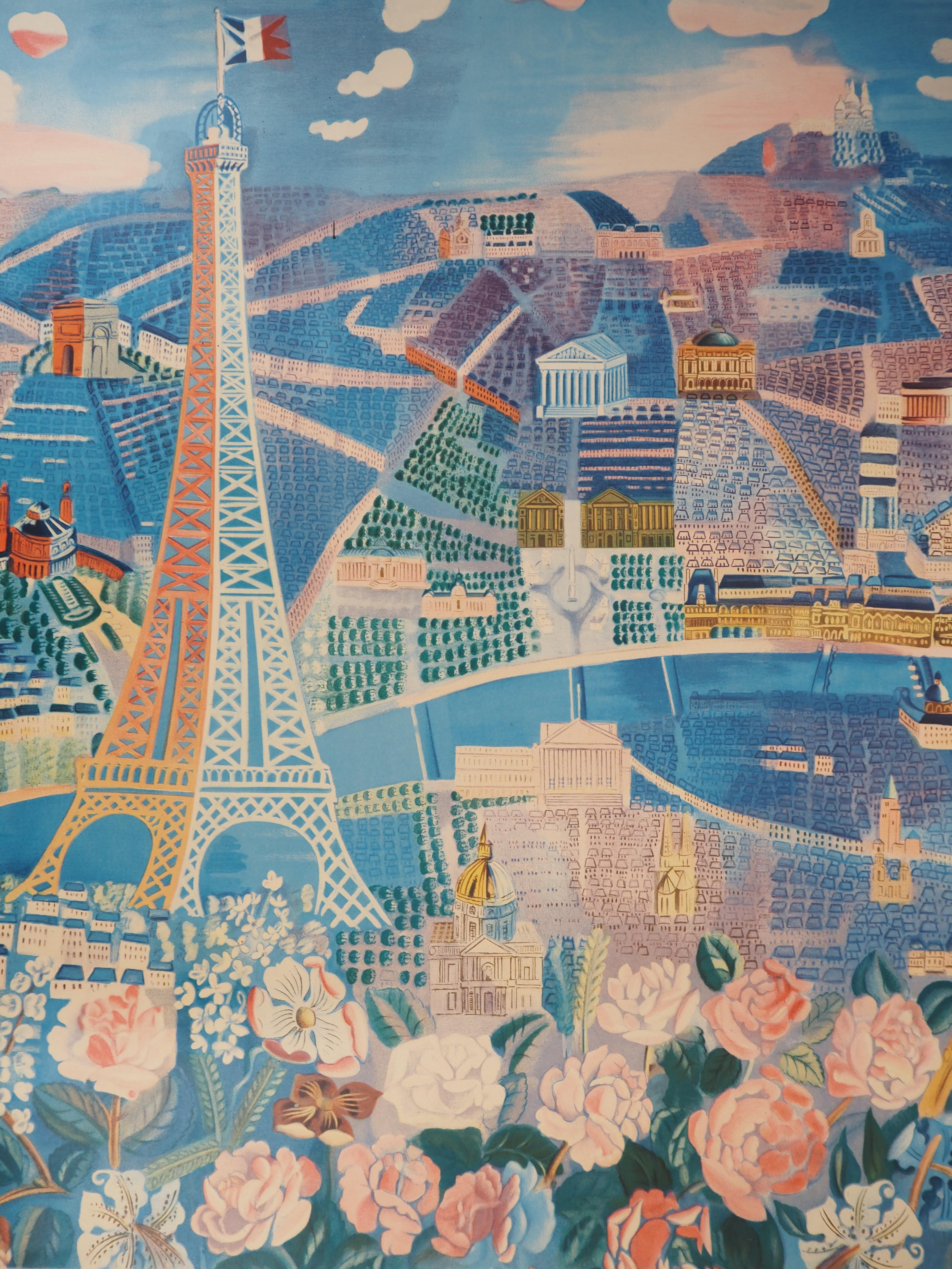 Spring in France : Paris, Rose and Eiffel Tower - Photolithograph Poster - Modern Print by Raoul Dufy