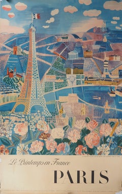 Spring in France : Paris, Rose and Eiffel Tower - Photolithograph Poster