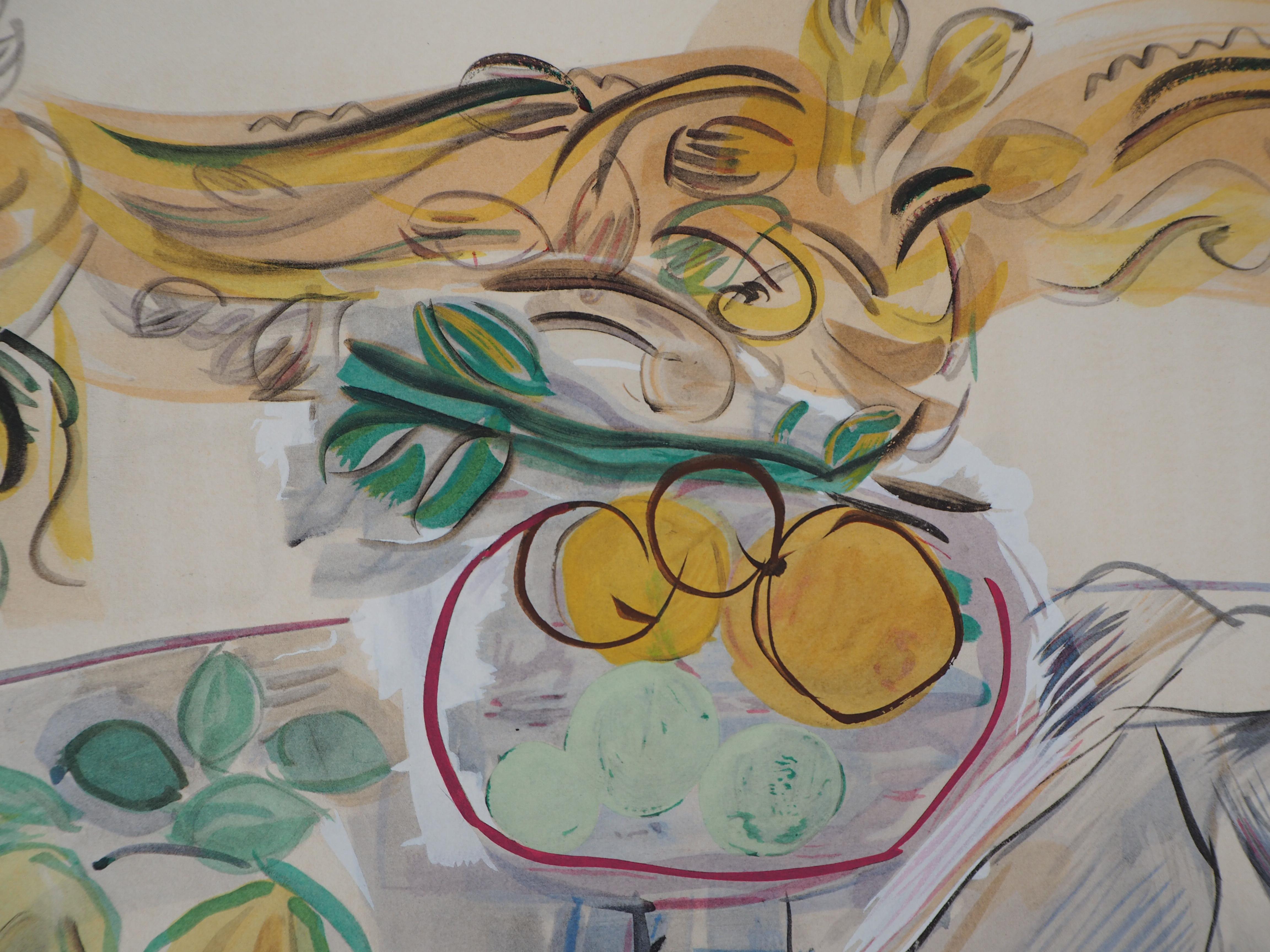 Still Life with Fruits - Original Lithograph - Gray Figurative Print by Raoul Dufy
