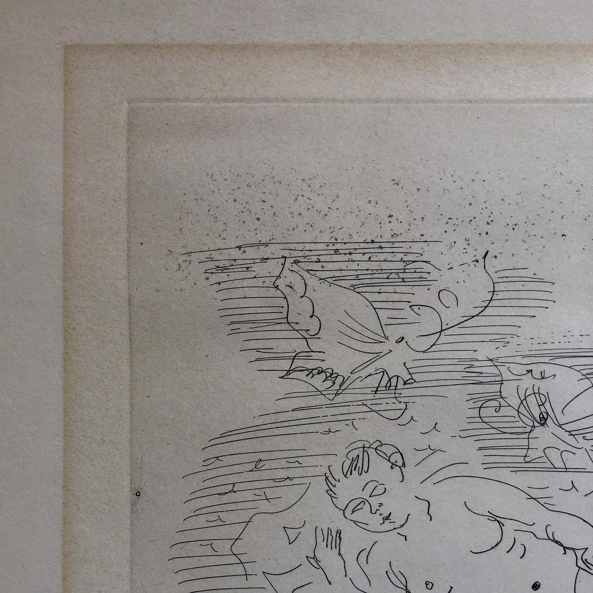 Raoul DUFY
Badende am Strand

Original-Radierung, um 1930
In der Platte signiert 
Auflage von 60 Exemplaren
Auf Rives-Pergament, Format 33 x 50 cm (ca. 13 x 19,7 in)
Guter Zustand, Spuren von Rahmung
