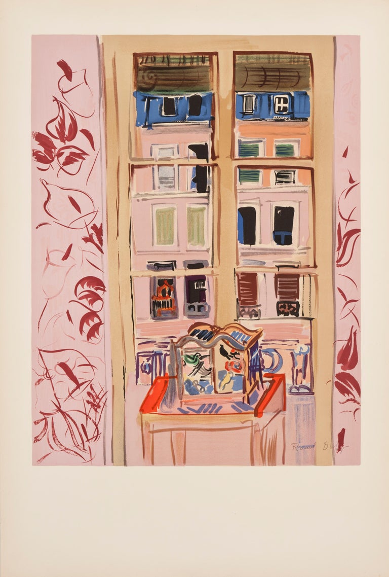 This colorful lithograph was printed in 1953 at the Atelier Mourlot in Paris. Dufy's cheerful work mostly depicts events of the time period, including yachting scenes, sparkling views of the French Riviera, chic parties and musical events. The