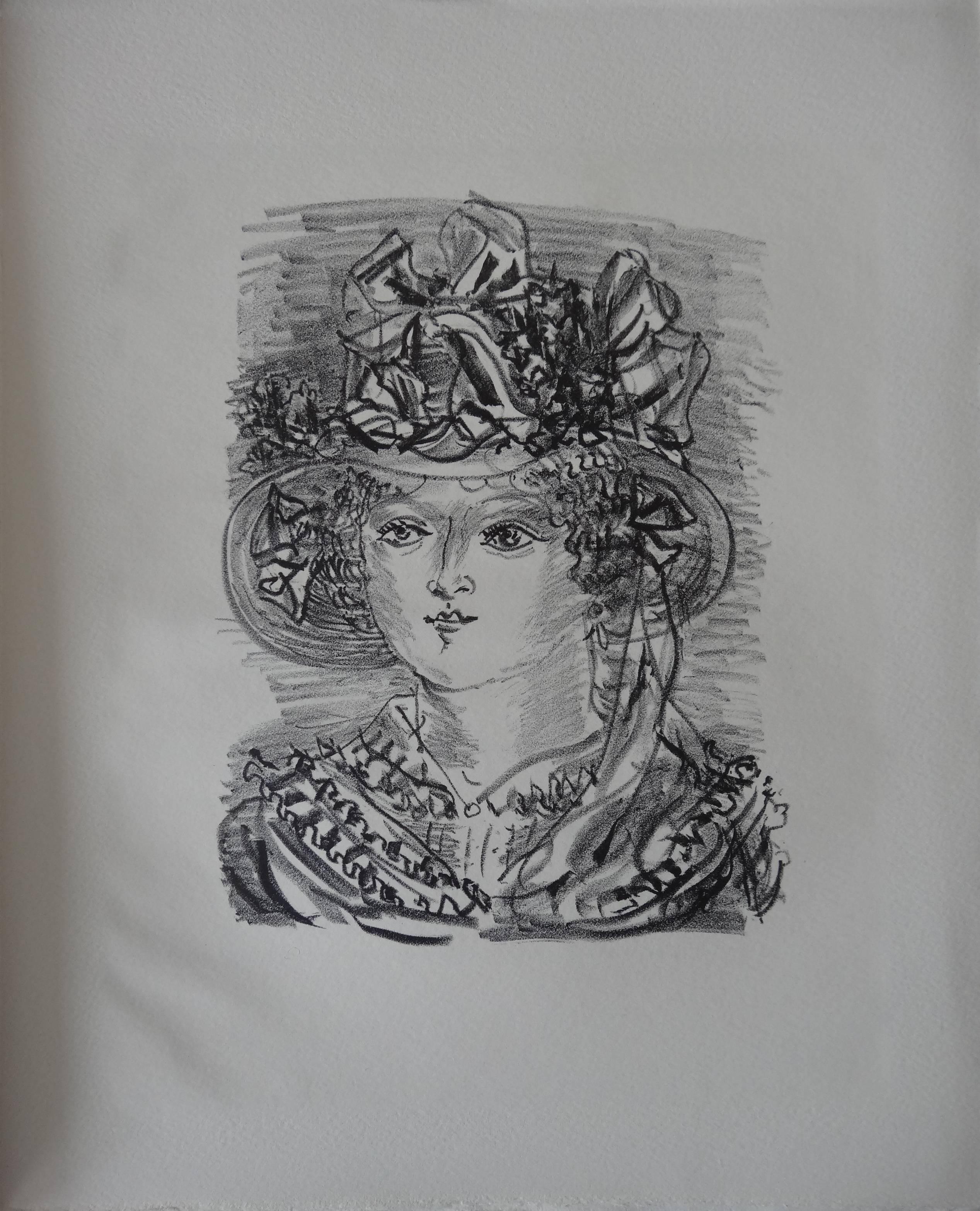 Woman with Funny Hat - Stone lithograph, 1930 - Print by Raoul Dufy