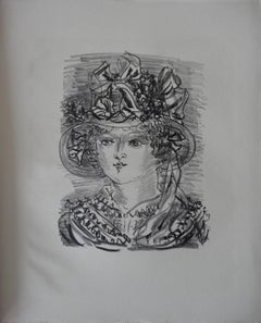 Woman with Funny Hat – Steinlithographie einer Frau, 1930