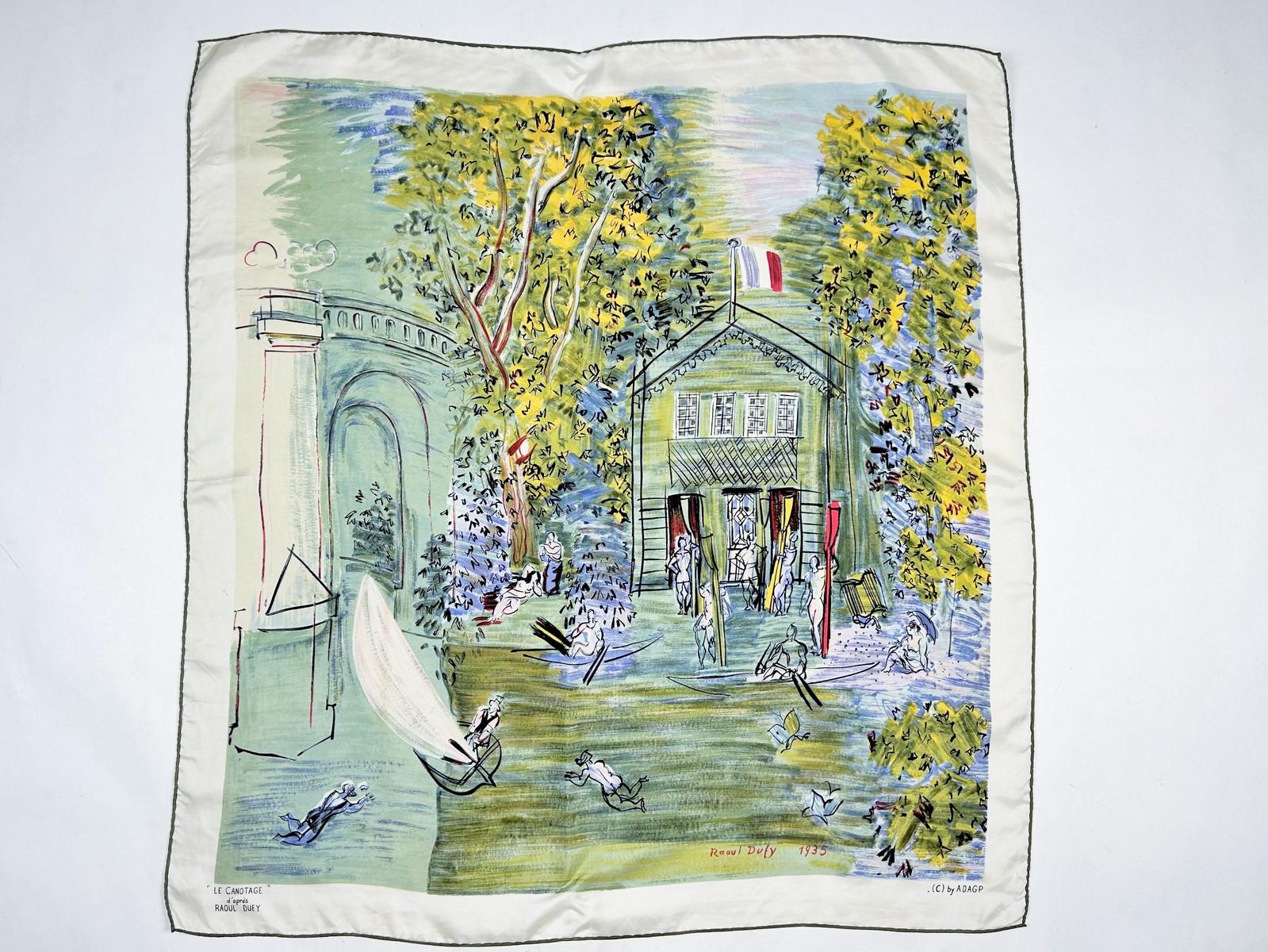 CIRCA 1950-1960
Frankreich
Seltener quadratischer Seidenschal, signiert von Raoul Dufy, basierend auf seinem berühmten Gemälde 