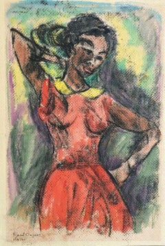 Portrait of Young Woman, Original Watercolor & Pastel, Raoul Dupoux