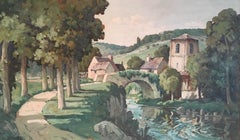 Vintage 
Le Pont
 Impressionist Landscape of Rural France, Signed Oil Painting