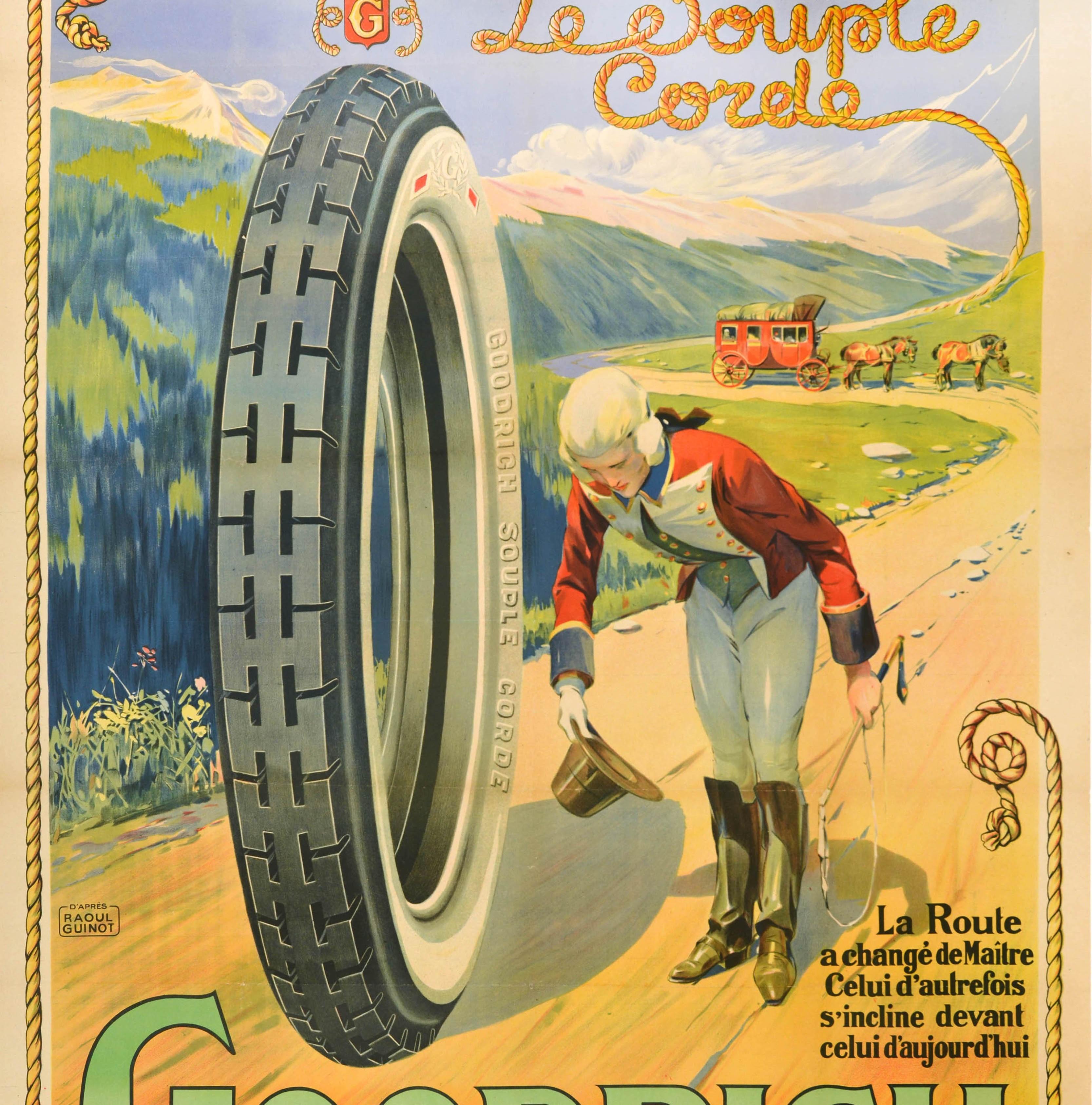 Originales antikes Reifenwerbeplakat für La Souple Corde Goodrich Le Maitre de la Route / The Master of the Roads mit einer großartigen Illustration, die einen elegant gekleideten Kutscher mit Perücke, Hut und Peitsche zeigt, der sich vor einem
