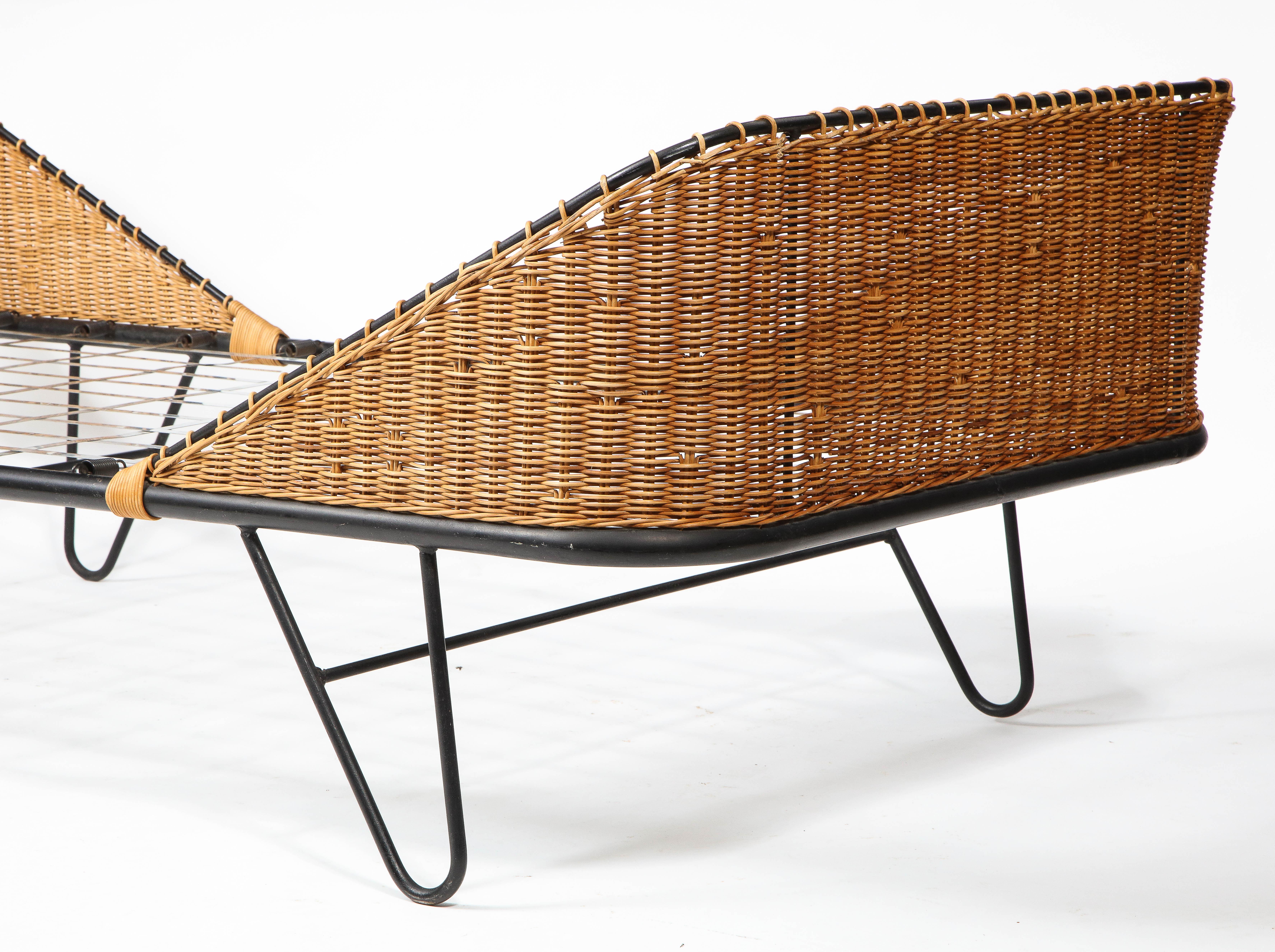 French Raoul Guy Wrought Iron & Wicker Daybed, France 1960's For Sale