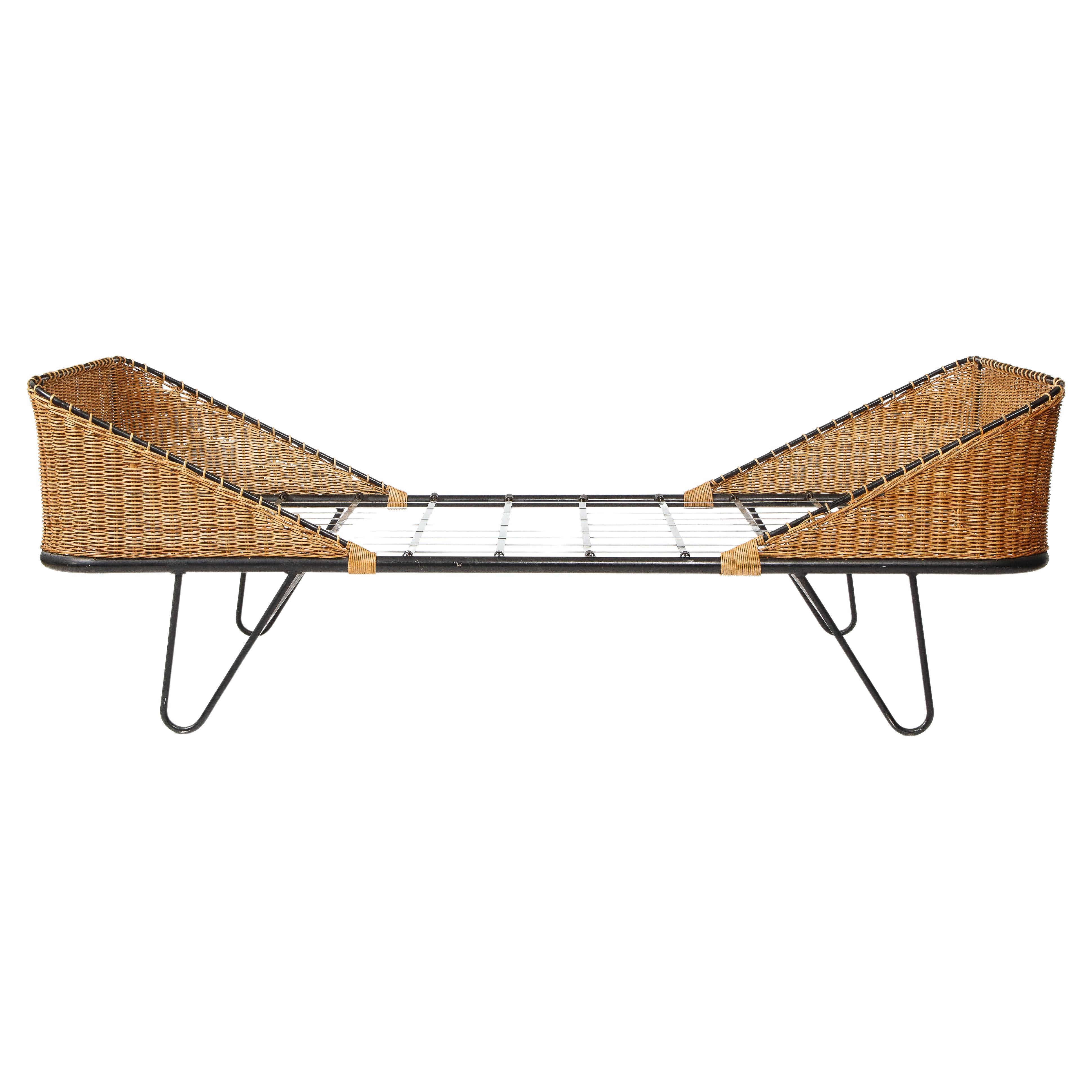 Raoul Guy Wrought Iron & Wicker Daybed, France 1960's For Sale