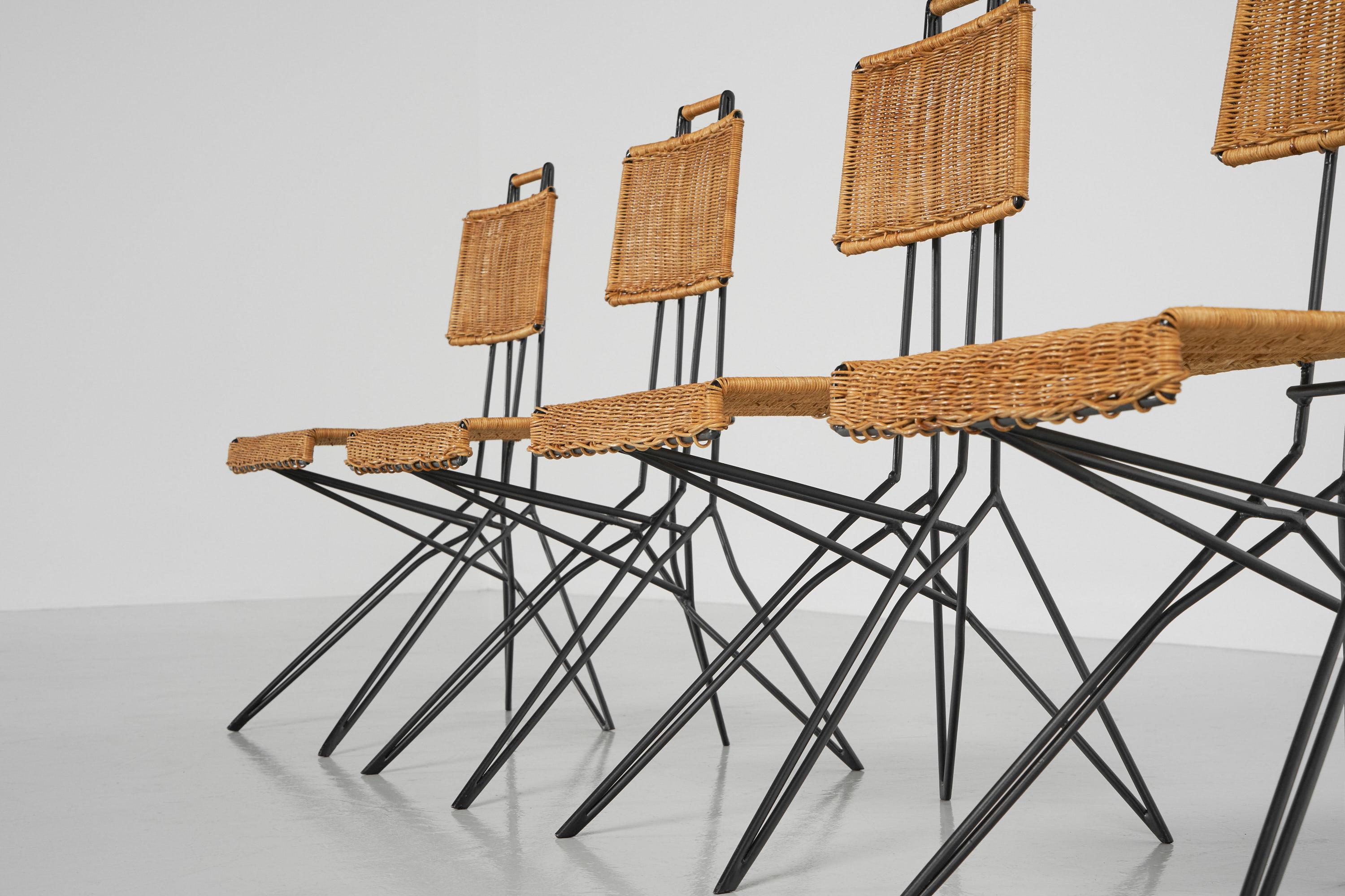Fantastic set of 6 dining chairs attributed to Raoul Guys, manufactured by Airborne France 1950. These amazing chairs have a solid steel frame which is black painted. The frames have a very unique and characteristic shape. Because the frames are in