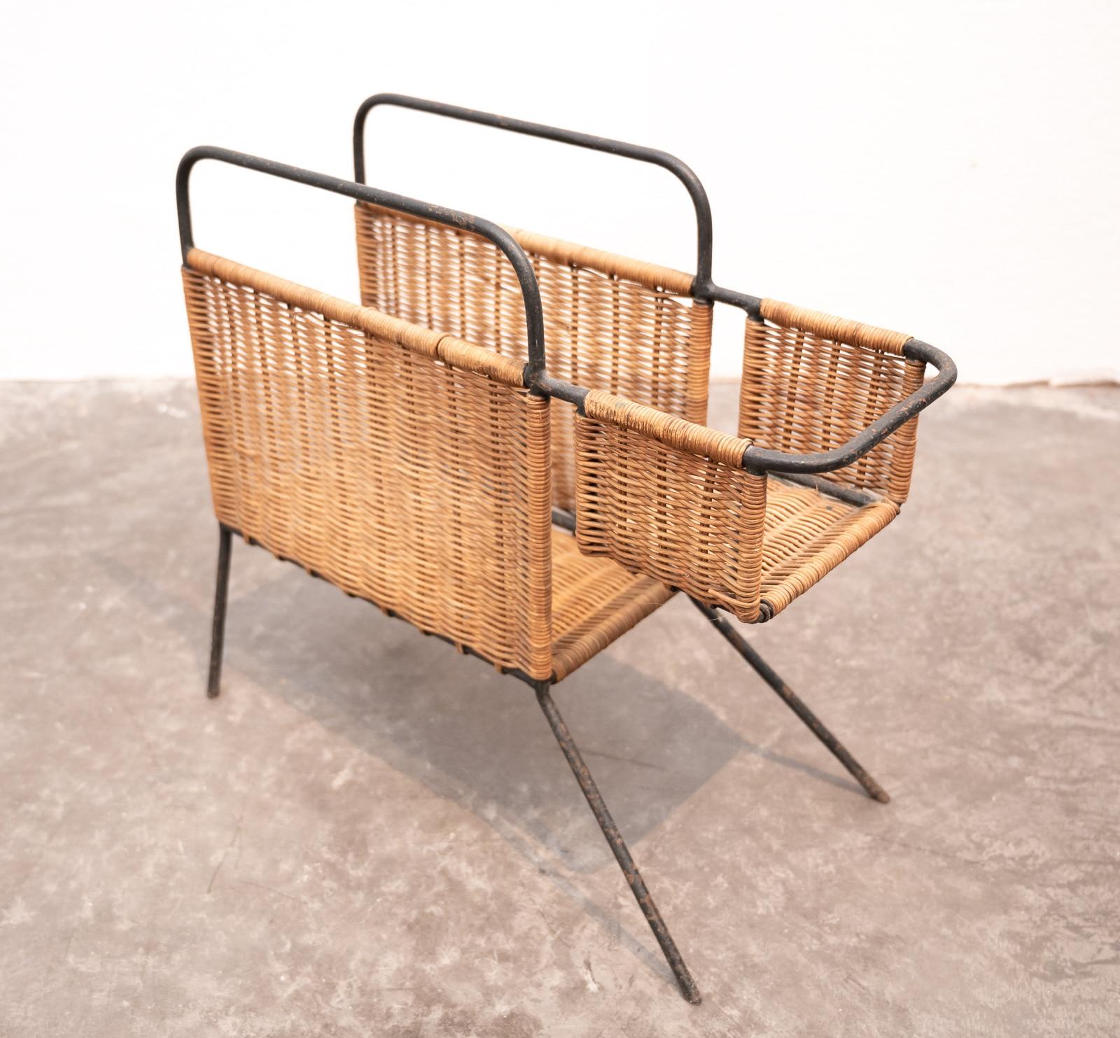 Mid-20th Century Raoul Guys Attributed Metal and Rattan Canine Inspired Magazine Holder For Sale