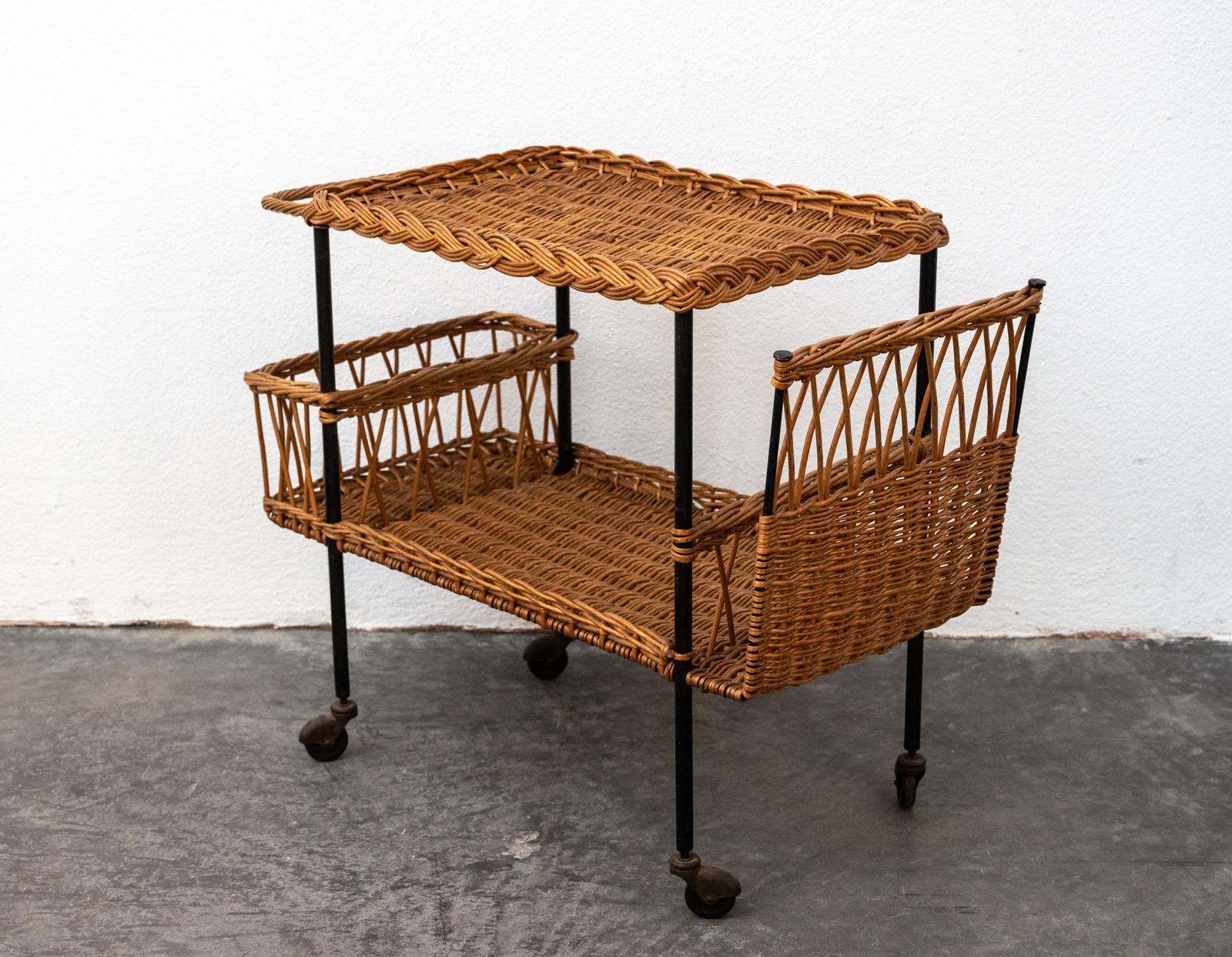 1950s French “Table roulante” mid century French rattan and steel drinks trolley attributed to Raoul Guys.