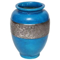Raoul Lachenal Blue Crackle Glaze Ceramic Vase with Band, circa 1930s - 1940s