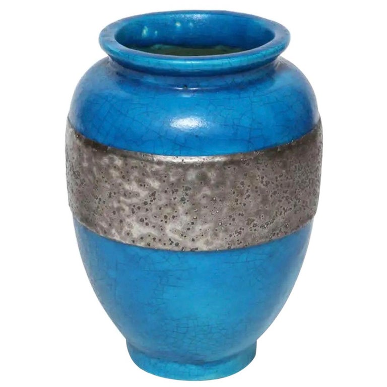 Raoul Lachenal Blue Crackle Glaze Ceramic Vase with Band, circa 1930s - 1940s For Sale
