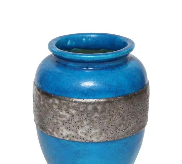 Raoul Lachenal large blue crackle glaze vase with silver pewter band made circa 1930's - 1940's. It's signed on base; 'Lachenal'.

Image 5: Photo of a Dynasty of French Ceramists - Edmond Lachenal (1855 - 1948) in the center, Raoul Pierre Lachenal